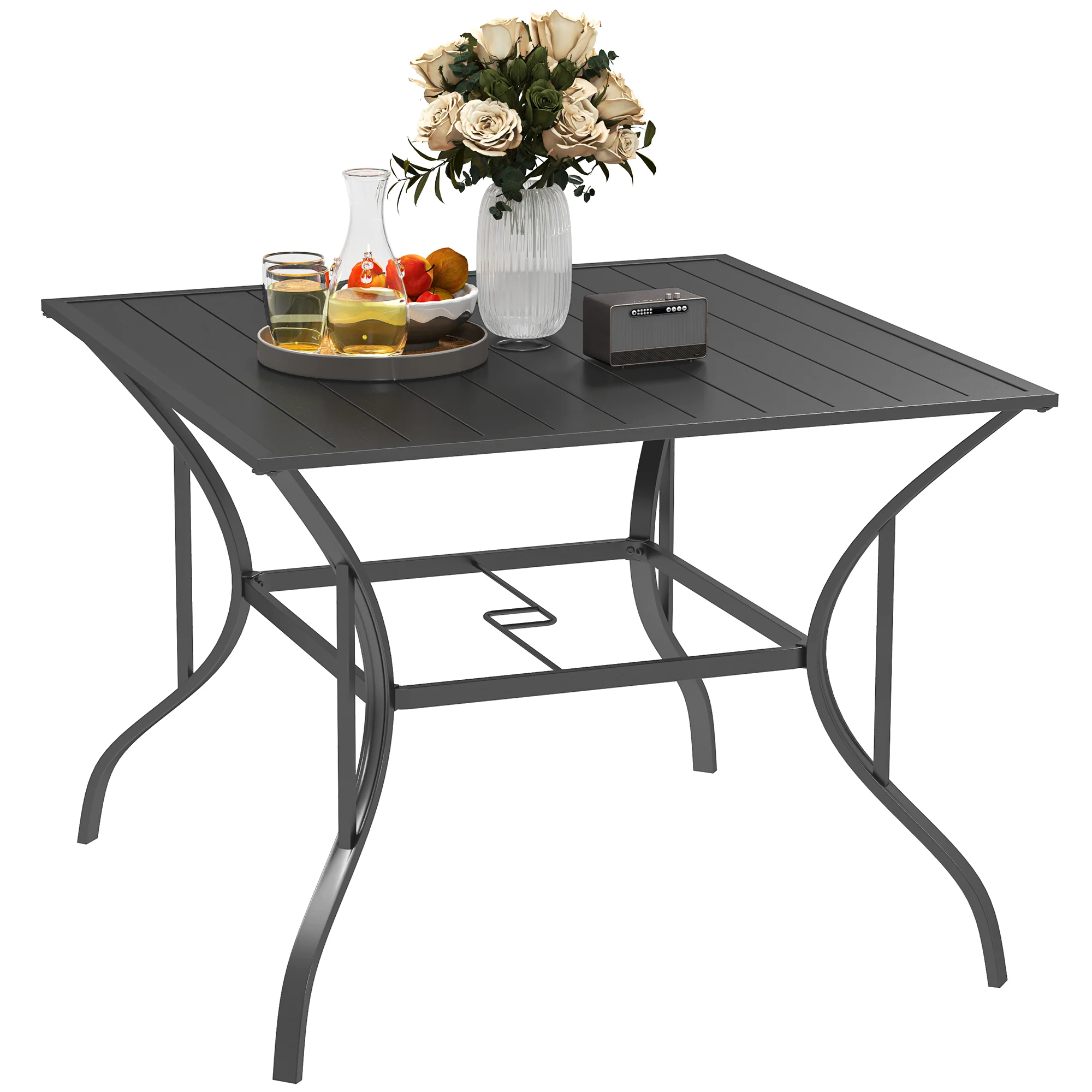 Outdoor Patio Dining Table with Umbrella Hole & Slatted Metal Top for Backyard, Dark Grey
