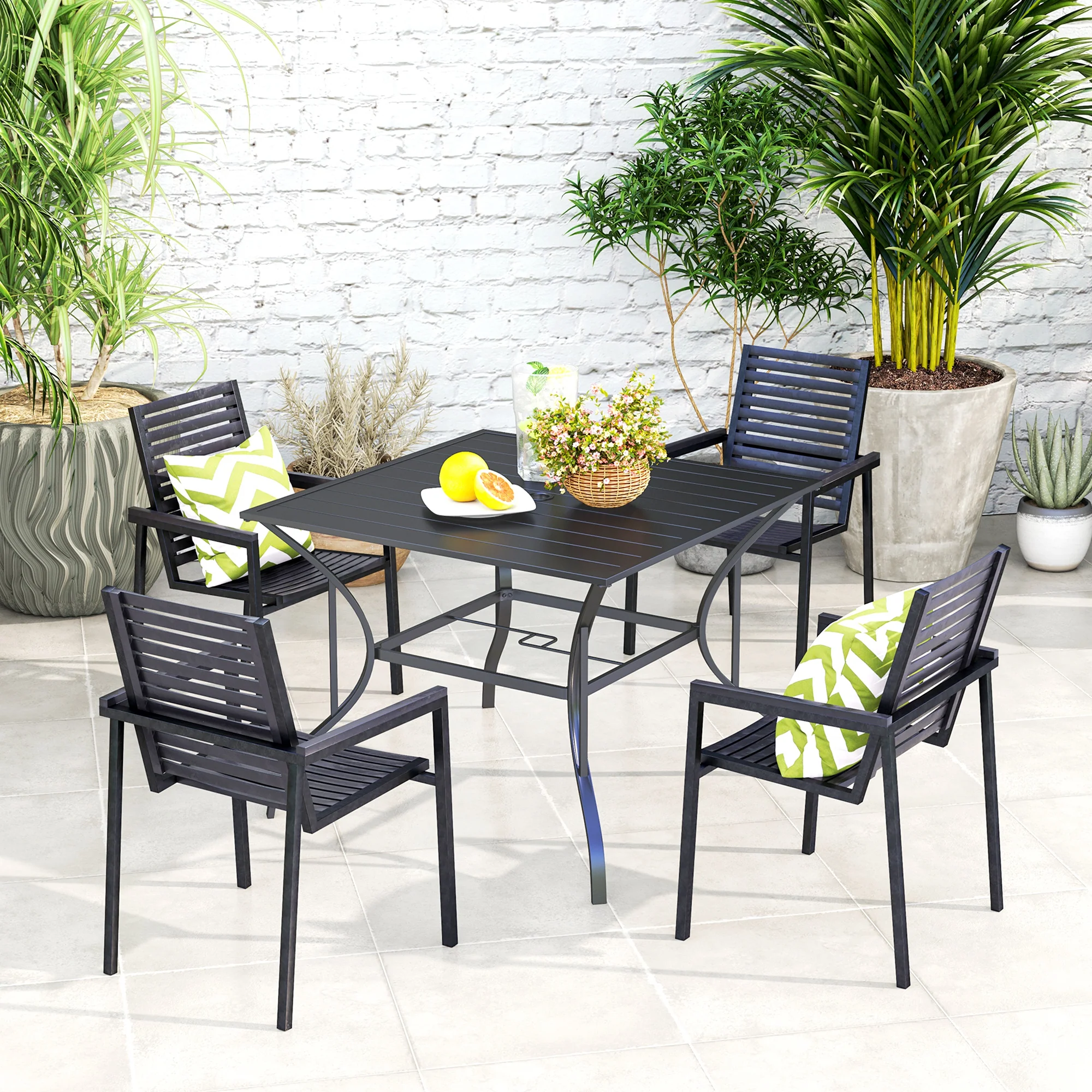 Outdoor Patio Dining Table with Umbrella Hole & Slatted Metal Top for Backyard, Dark Grey - Image 10