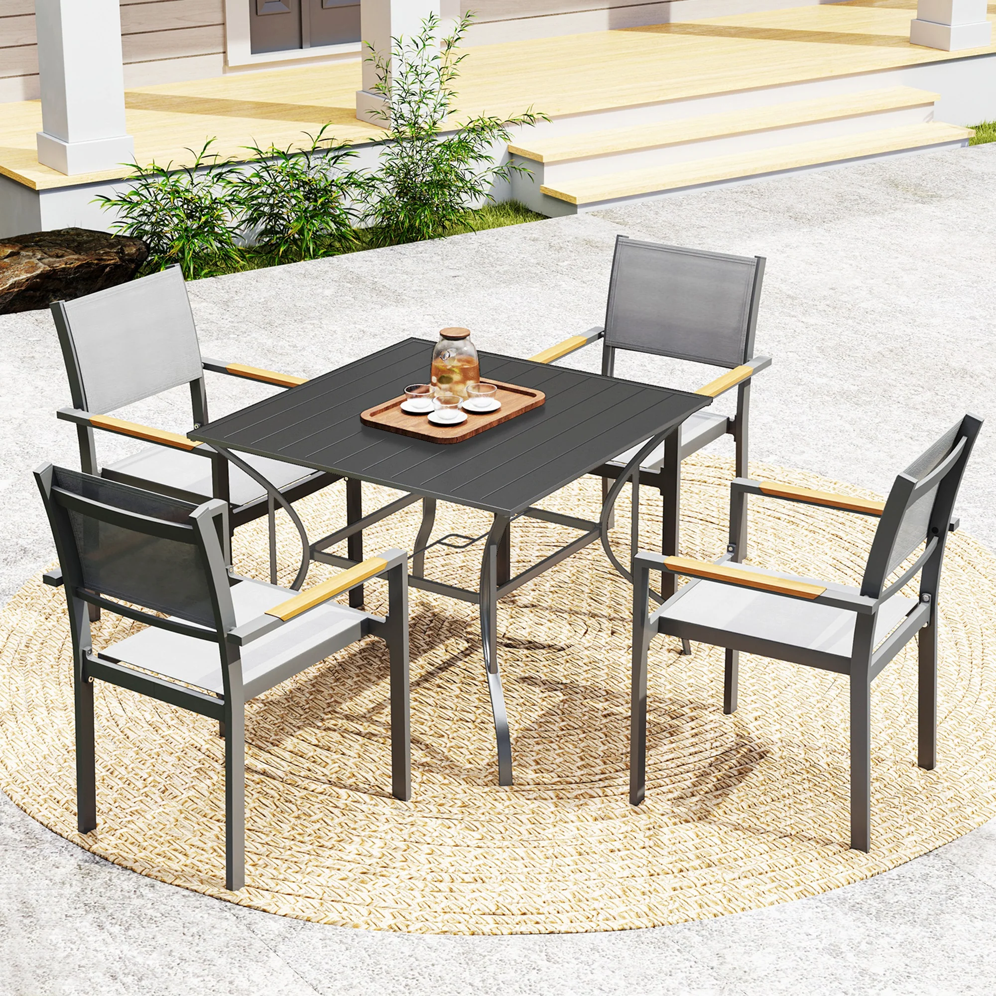 Outdoor Patio Dining Table with Umbrella Hole & Slatted Metal Top for Backyard, Dark Grey - Image 11