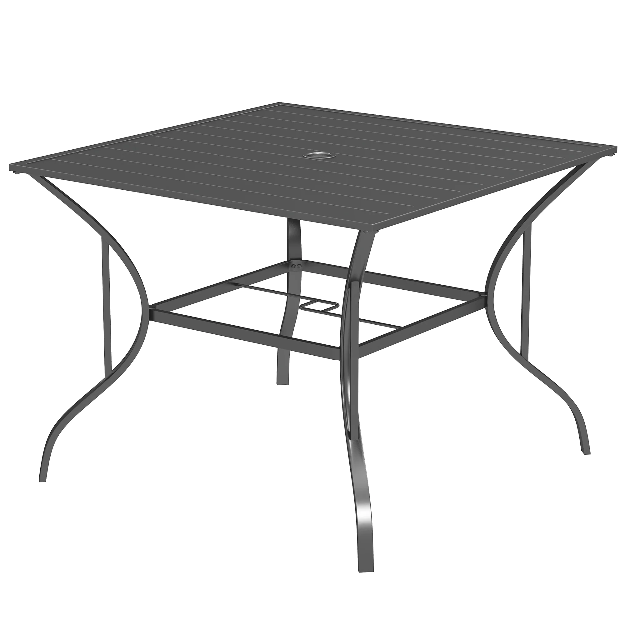 Outdoor Patio Dining Table with Umbrella Hole & Slatted Metal Top for Backyard, Dark Grey - Image 2