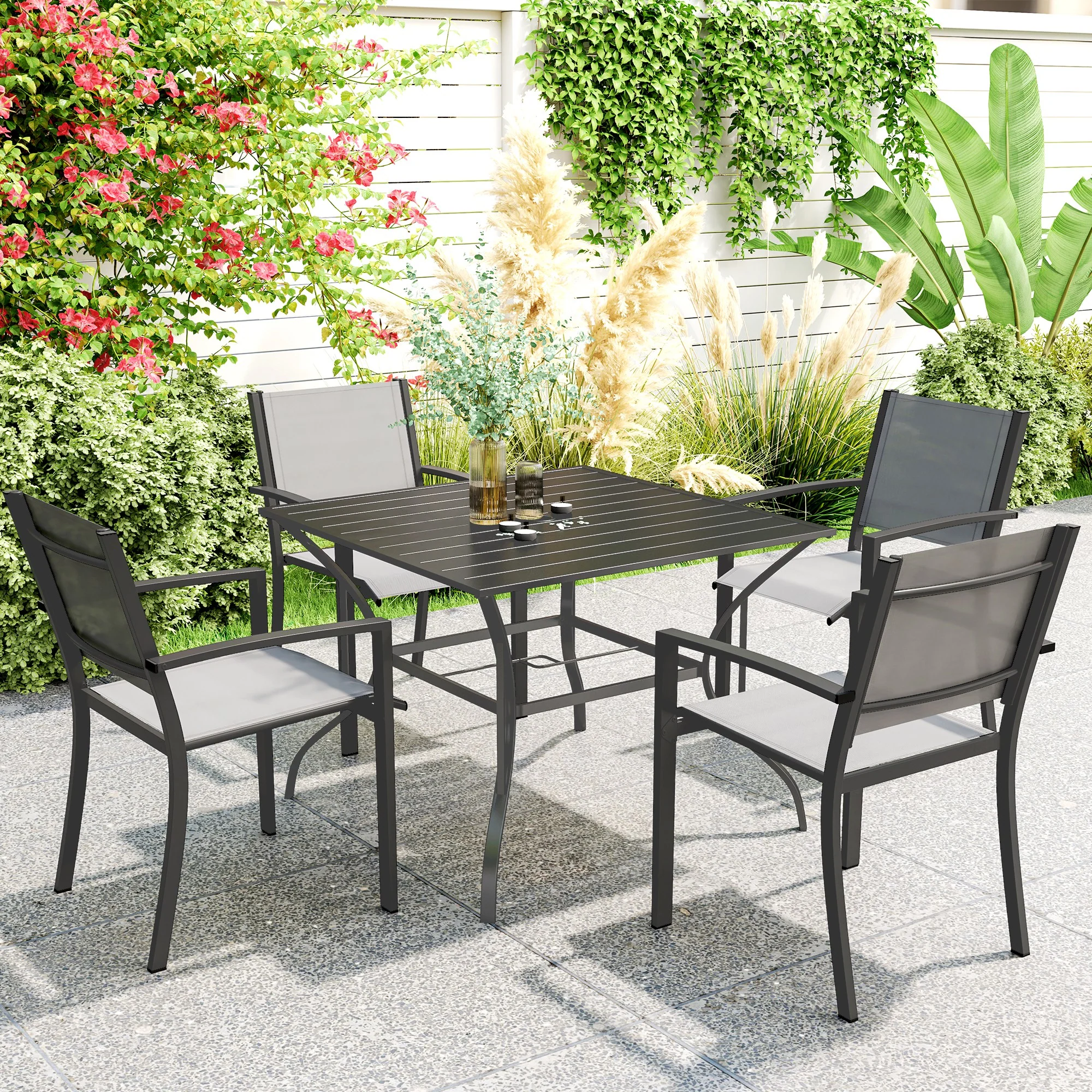 Outdoor Patio Dining Table with Umbrella Hole & Slatted Metal Top for Backyard, Dark Grey - Image 3