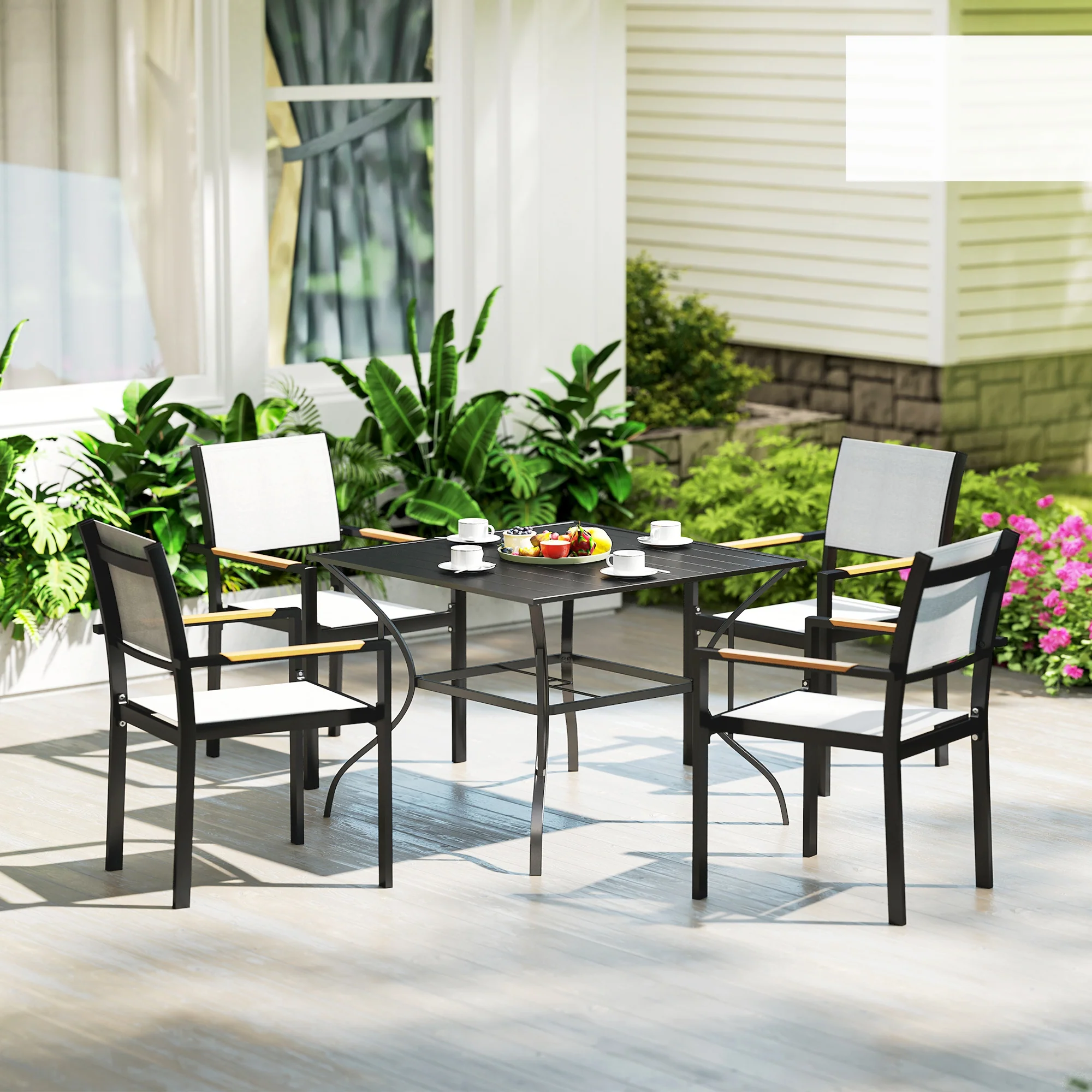 Outdoor Patio Dining Table with Umbrella Hole & Slatted Metal Top for Backyard, Dark Grey - Image 4