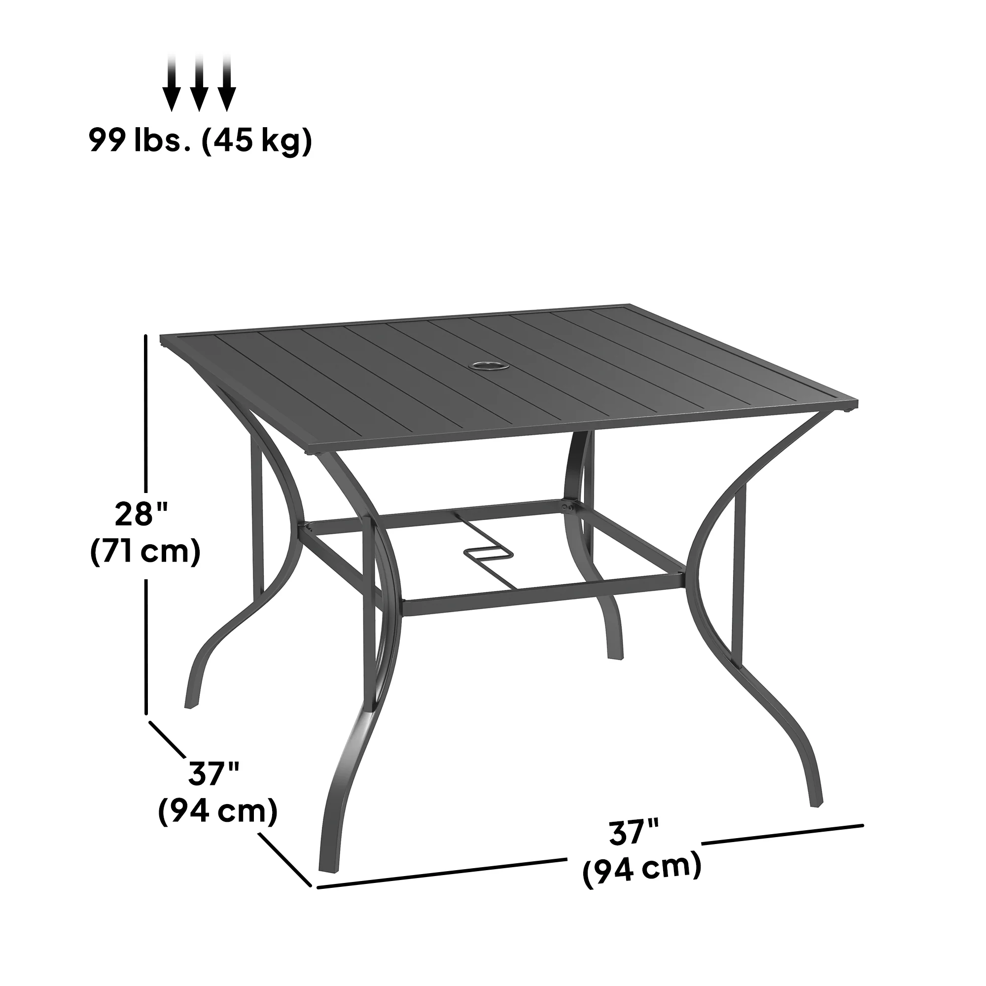 Outdoor Patio Dining Table with Umbrella Hole & Slatted Metal Top for Backyard, Dark Grey - Image 5