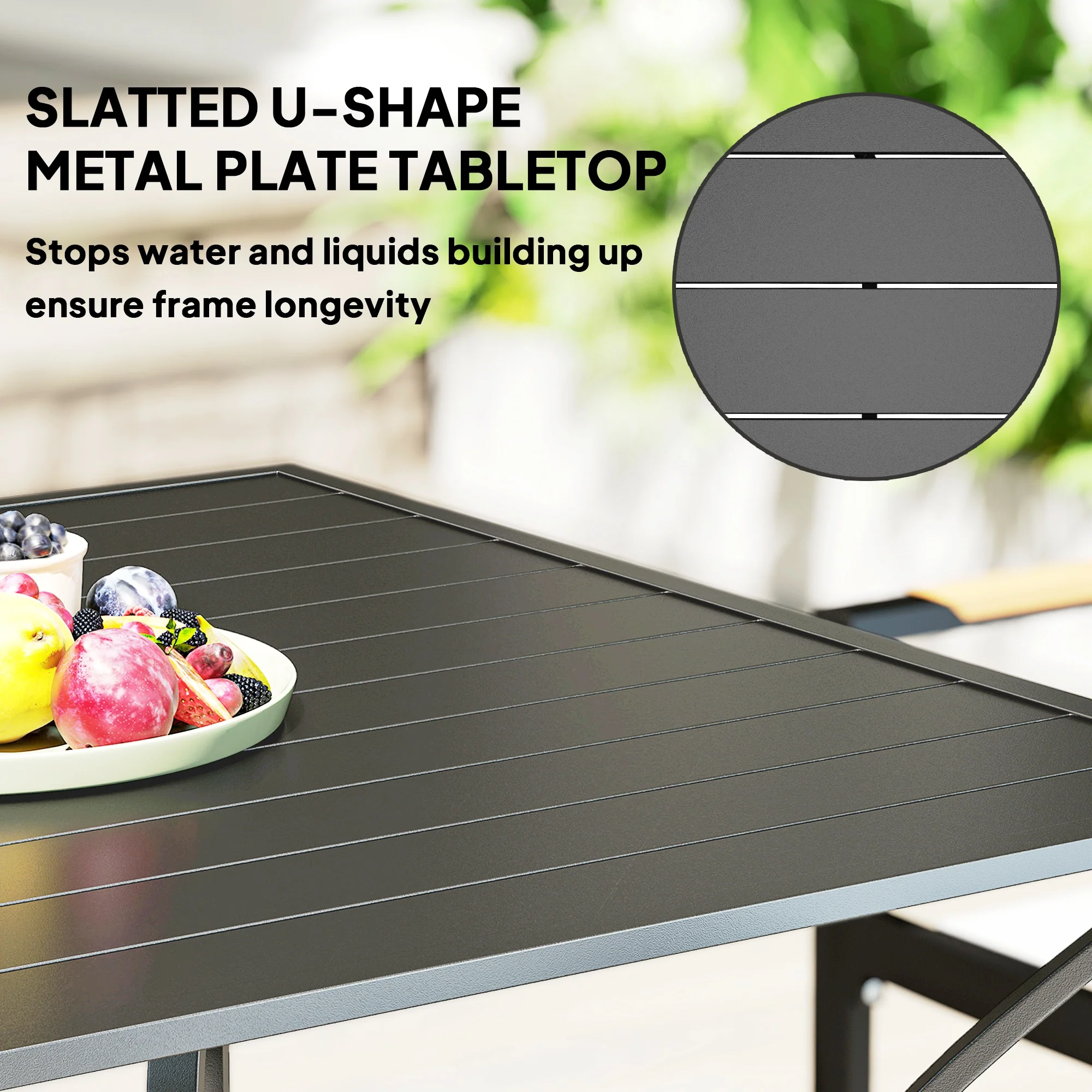 Outdoor Patio Dining Table with Umbrella Hole & Slatted Metal Top for Backyard, Dark Grey - Image 7