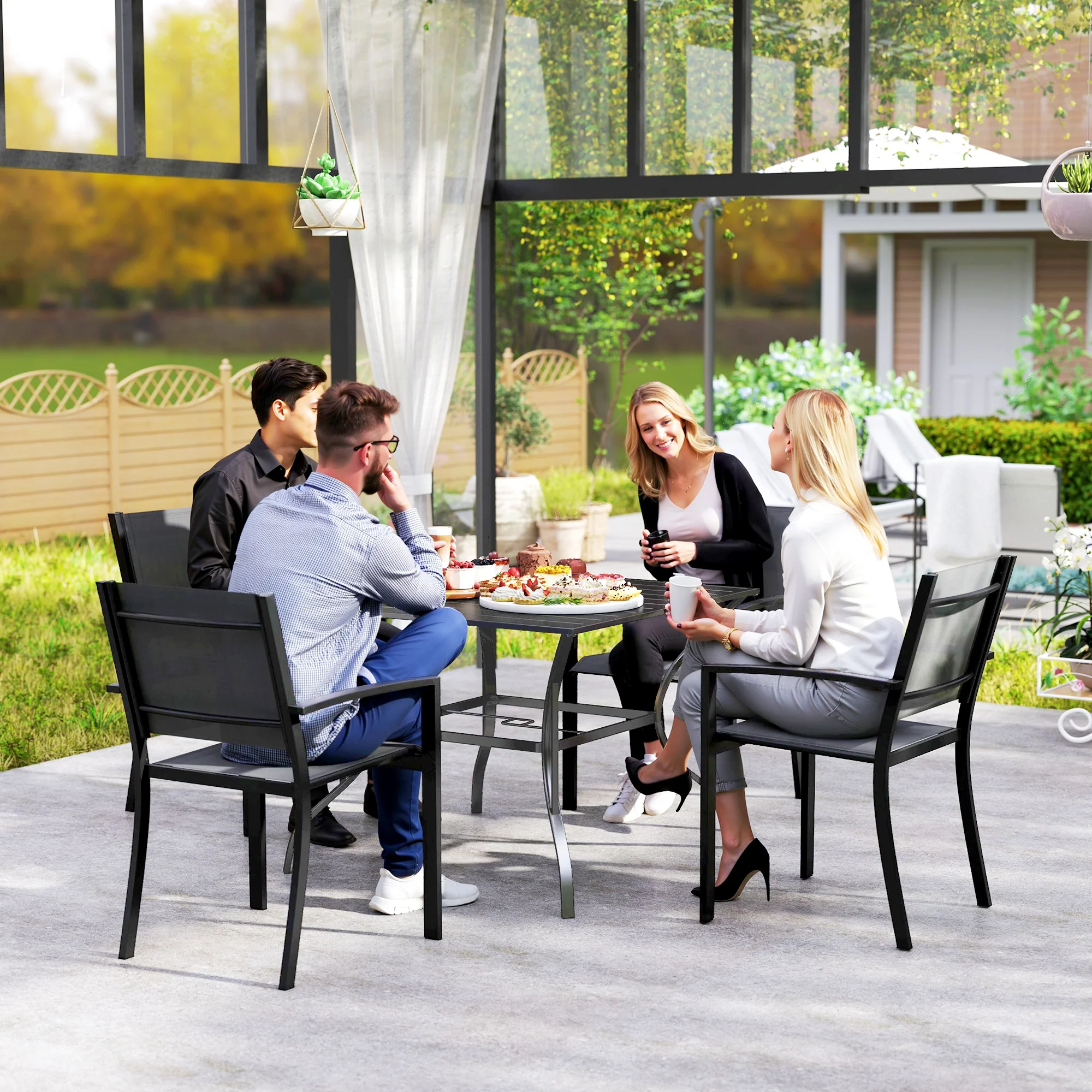 Outdoor Patio Dining Table with Umbrella Hole & Slatted Metal Top for Backyard, Dark Grey - Image 9
