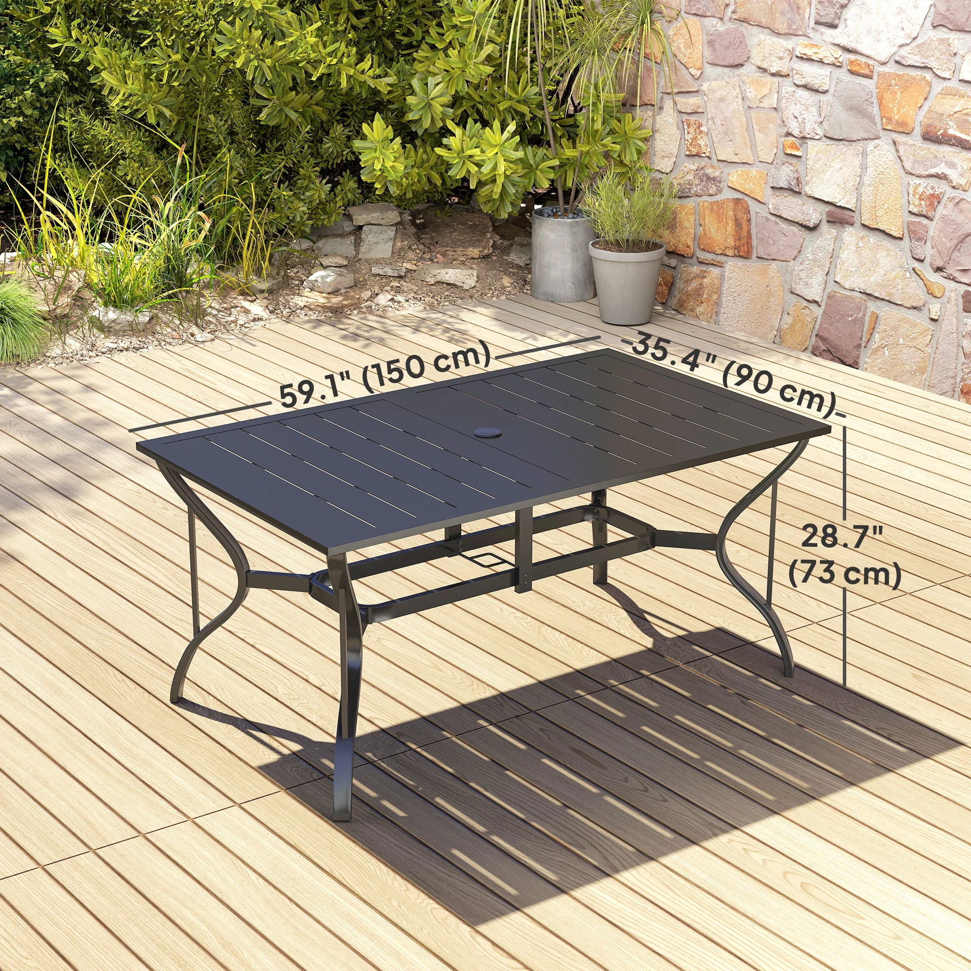 Rectangle Steel Patio Dining Table for 6, Outdoor Dining Table with Umbrella Hole, Black - Image 5