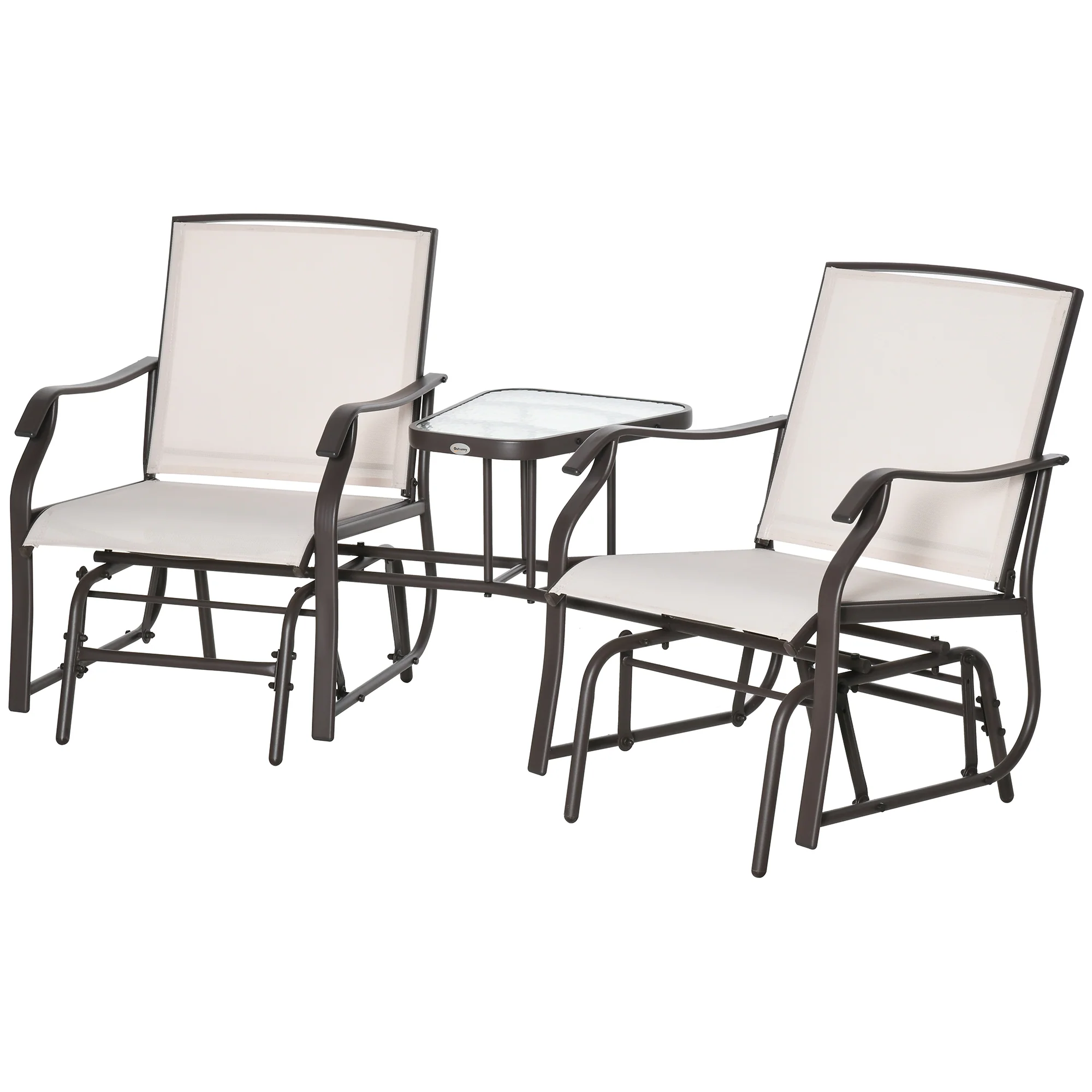 Outdoor Double Glider Rocking Chairs with Glass Top Middle Table for Garden, Patio, Brown - Image 2