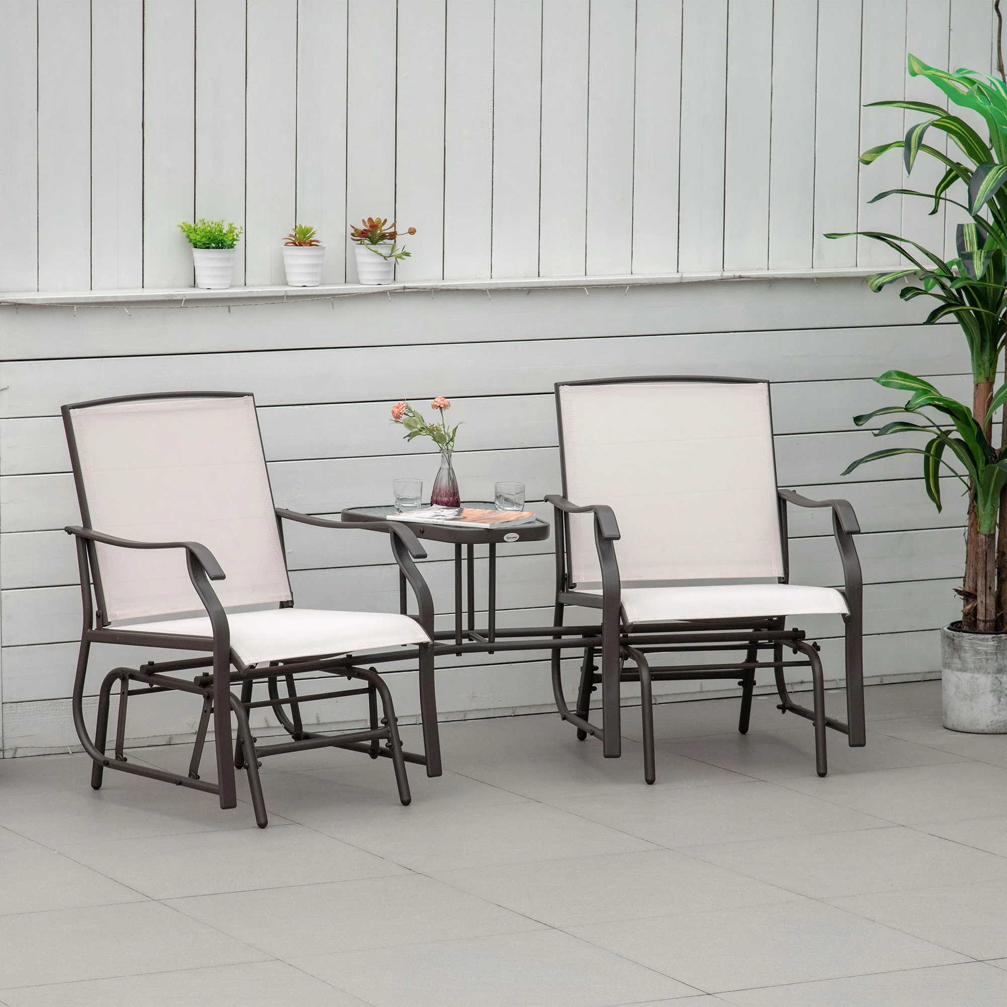 Outdoor Double Glider Rocking Chairs with Glass Top Middle Table for Garden, Patio, Brown - Image 3