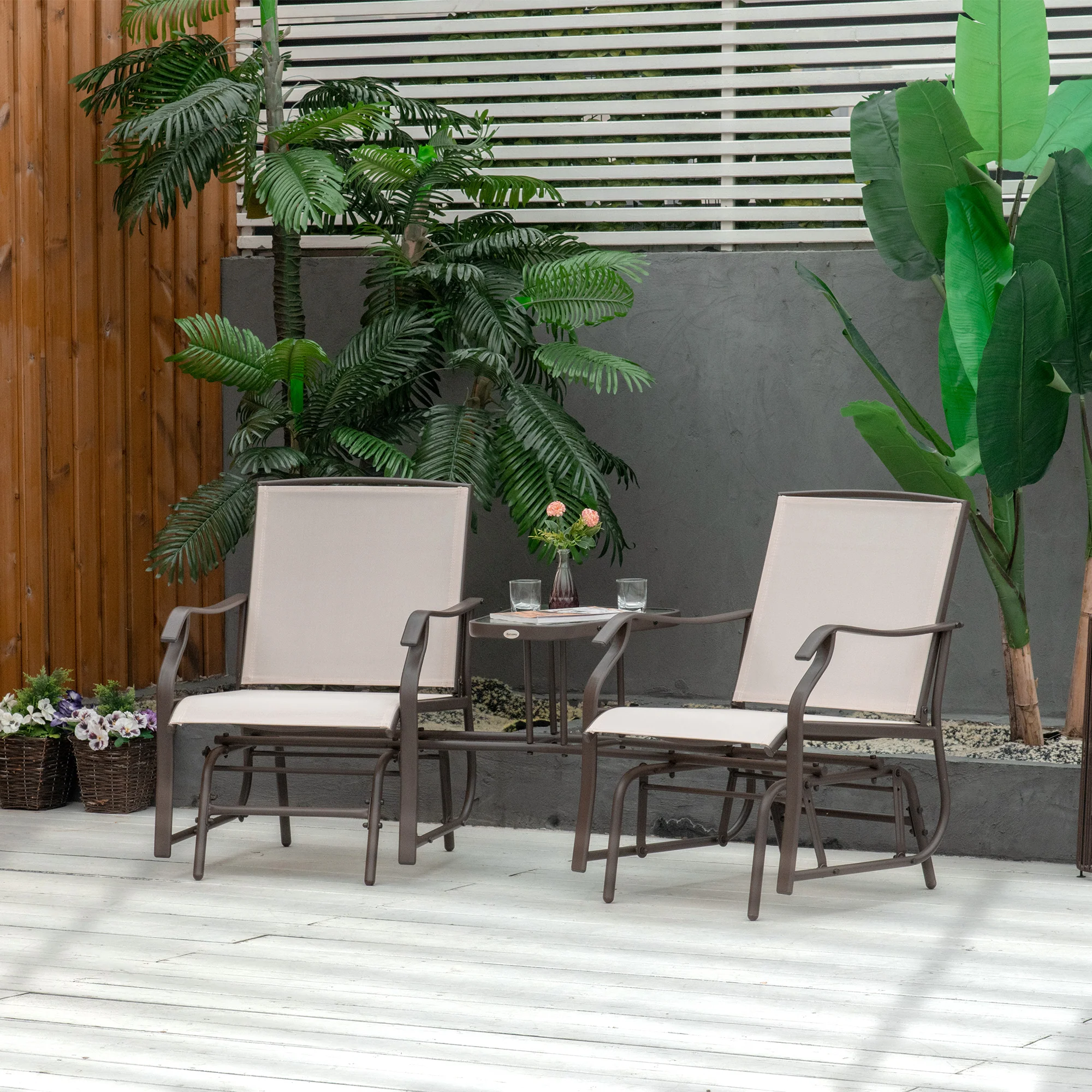 Outdoor Double Glider Rocking Chairs with Glass Top Middle Table for Garden, Patio, Brown - Image 4
