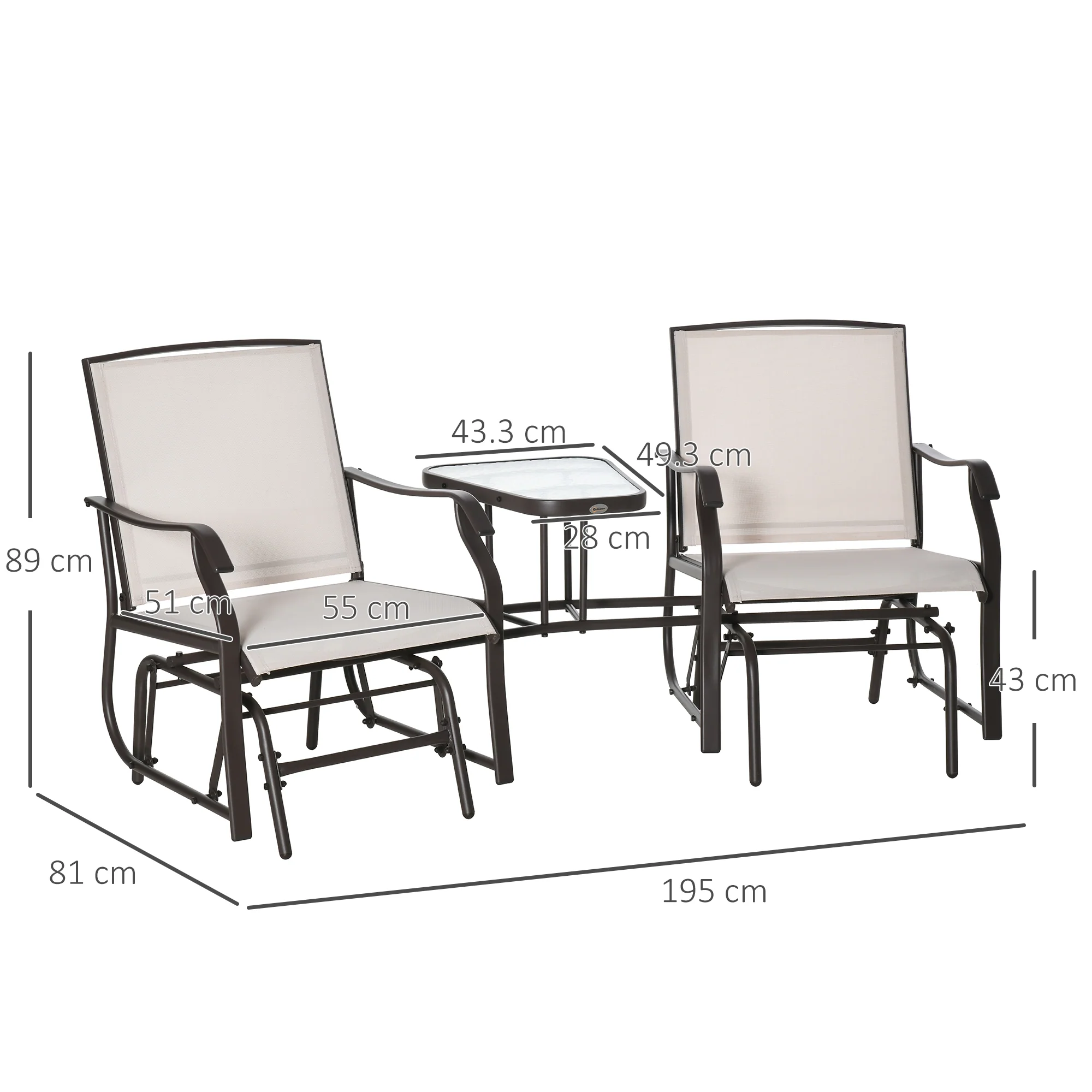 Outdoor Double Glider Rocking Chairs with Glass Top Middle Table for Garden, Patio, Brown - Image 5