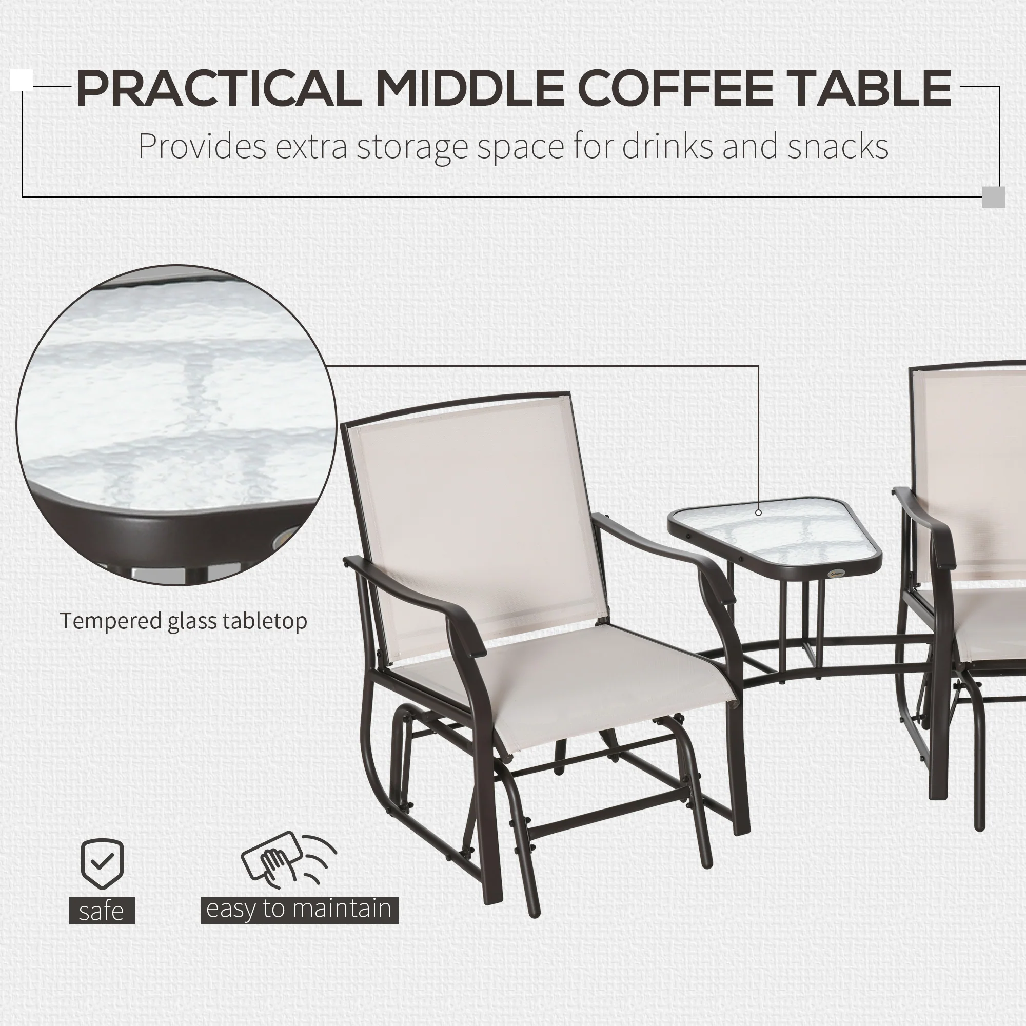 Outdoor Double Glider Rocking Chairs with Glass Top Middle Table for Garden, Patio, Brown - Image 6