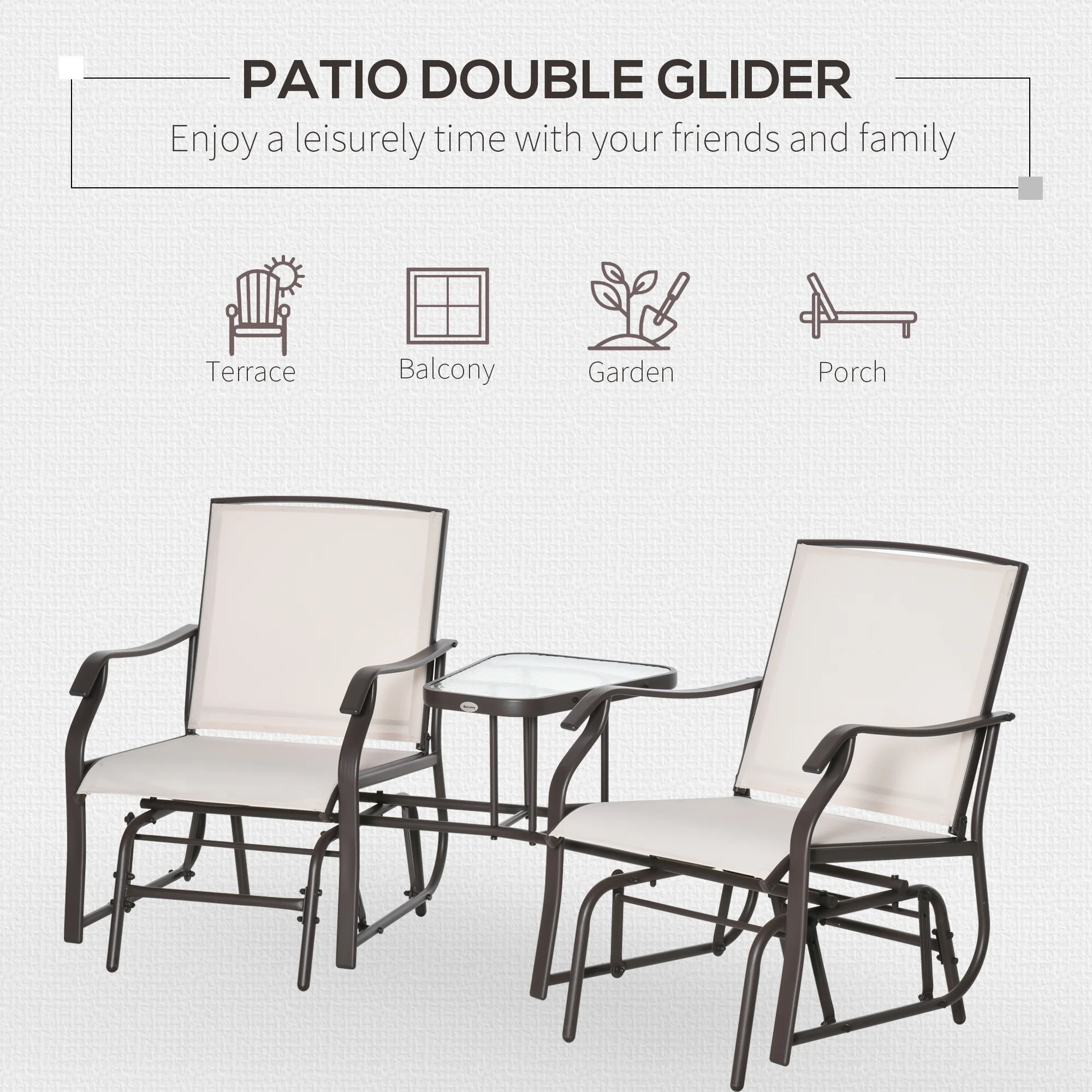Outdoor Double Glider Rocking Chairs with Glass Top Middle Table for Garden, Patio, Brown - Image 8