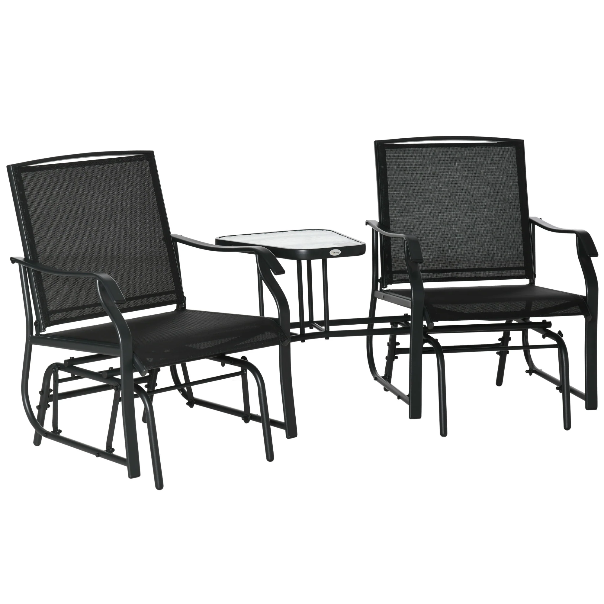 Outdoor Double Glider Rocking Chairs with Glass Top Middle Table for Garden, Patio, Black