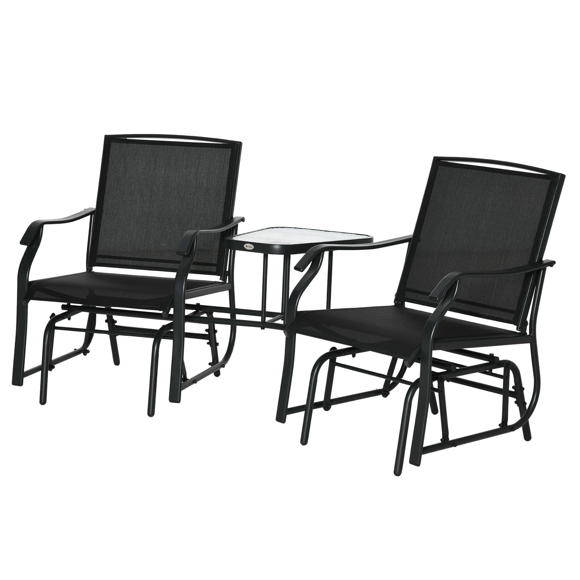 Outdoor Double Glider Rocking Chairs with Glass Top Middle Table for Garden, Patio, Black - Image 2