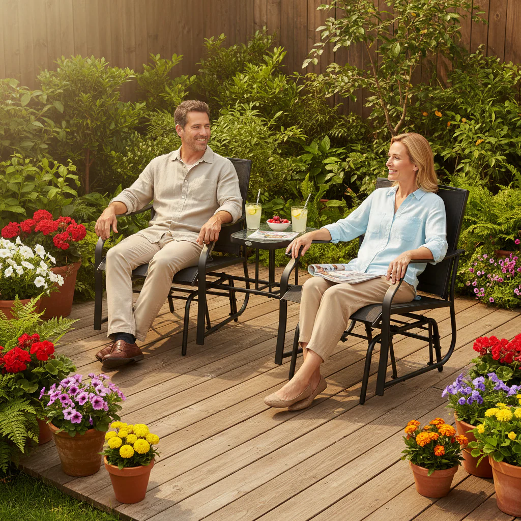 Outdoor Double Glider Rocking Chairs with Glass Top Middle Table for Garden, Patio, Black - Image 3