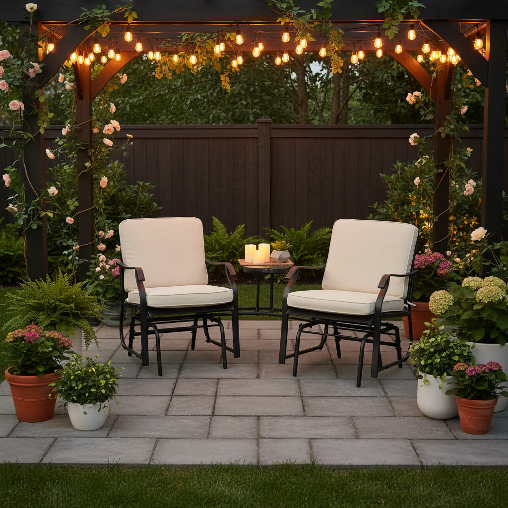 Outdoor Double Glider Rocking Chairs with Glass Top Middle Table for Garden, Patio, Black - Image 4
