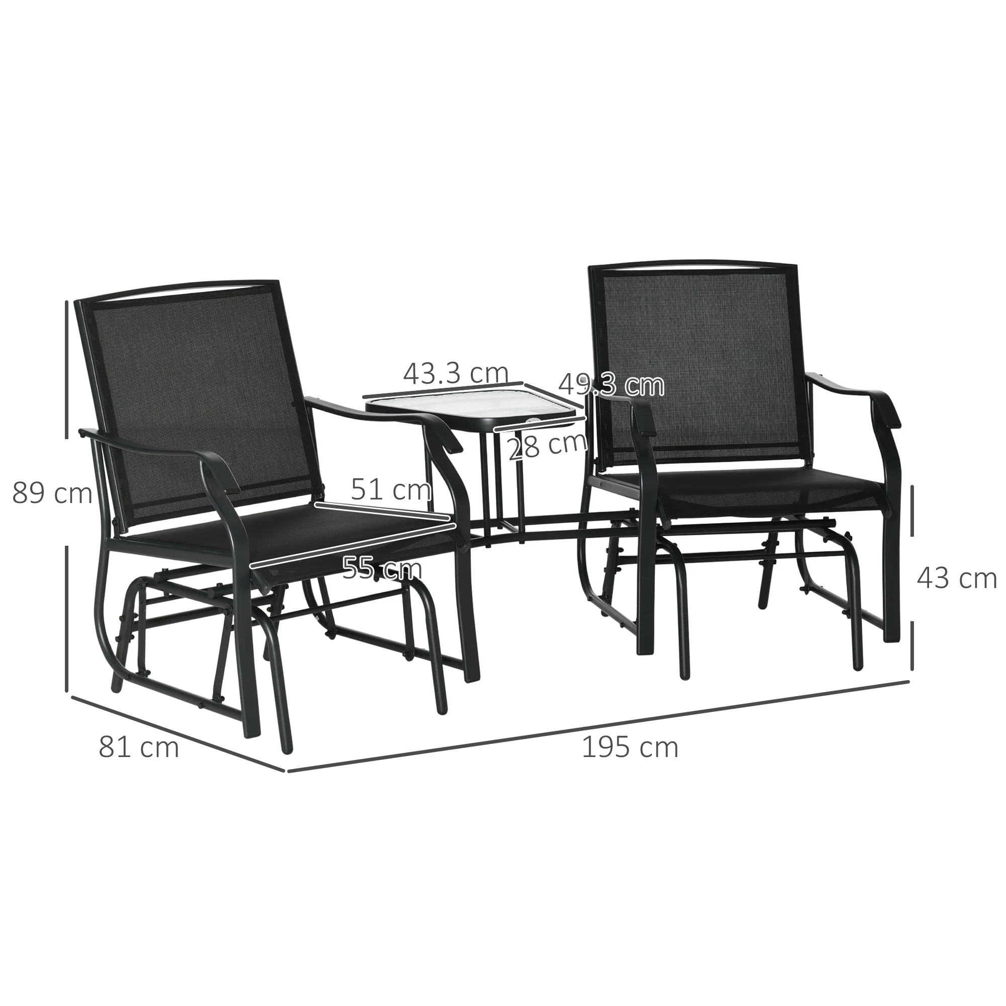 Outdoor Double Glider Rocking Chairs with Glass Top Middle Table for Garden, Patio, Black - Image 5