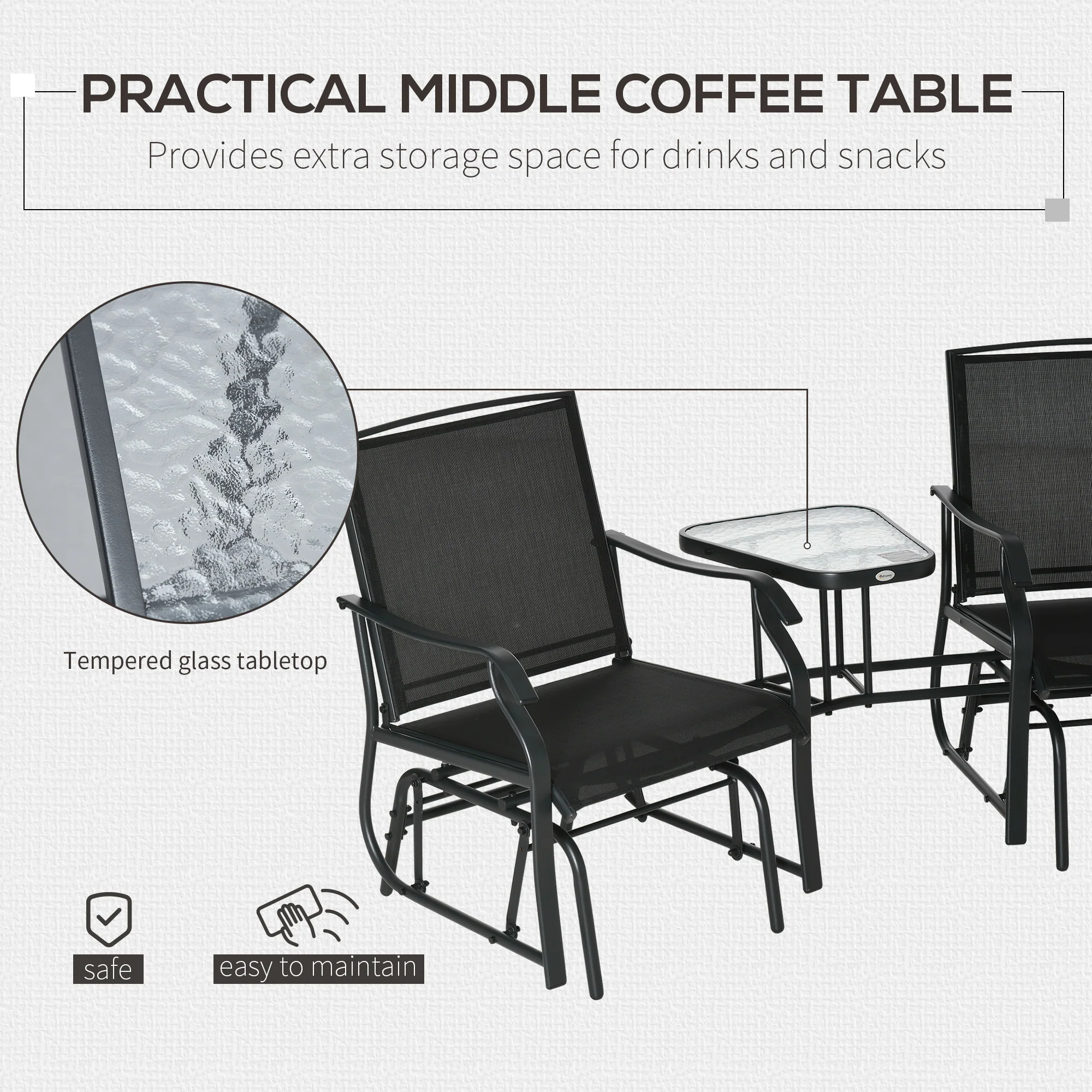 Outdoor Double Glider Rocking Chairs with Glass Top Middle Table for Garden, Patio, Black - Image 6