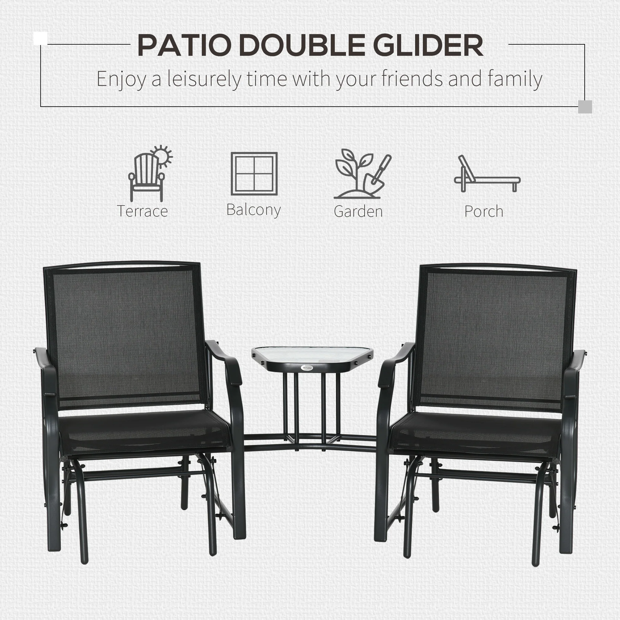 Outdoor Double Glider Rocking Chairs with Glass Top Middle Table for Garden, Patio, Black - Image 8