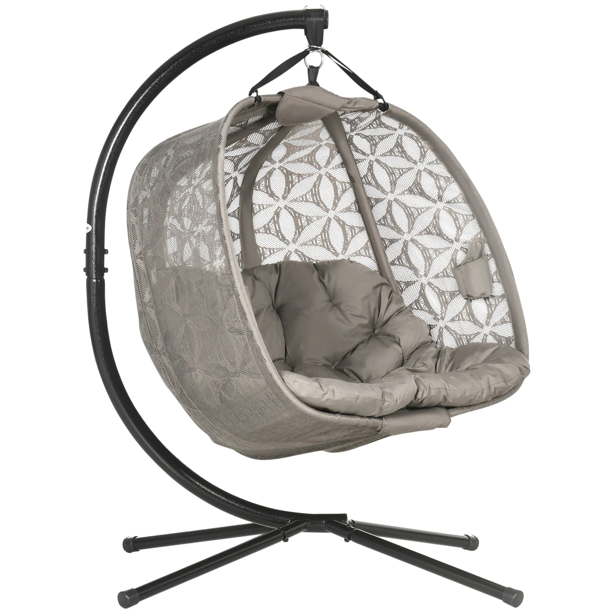 Outdoor Double Hanging Chair, Swing Chair with Metal Stand, Thick Padded Cushion, Foldable Basket and Cup Holders, for Indoor and Outdoor, Sand Brown