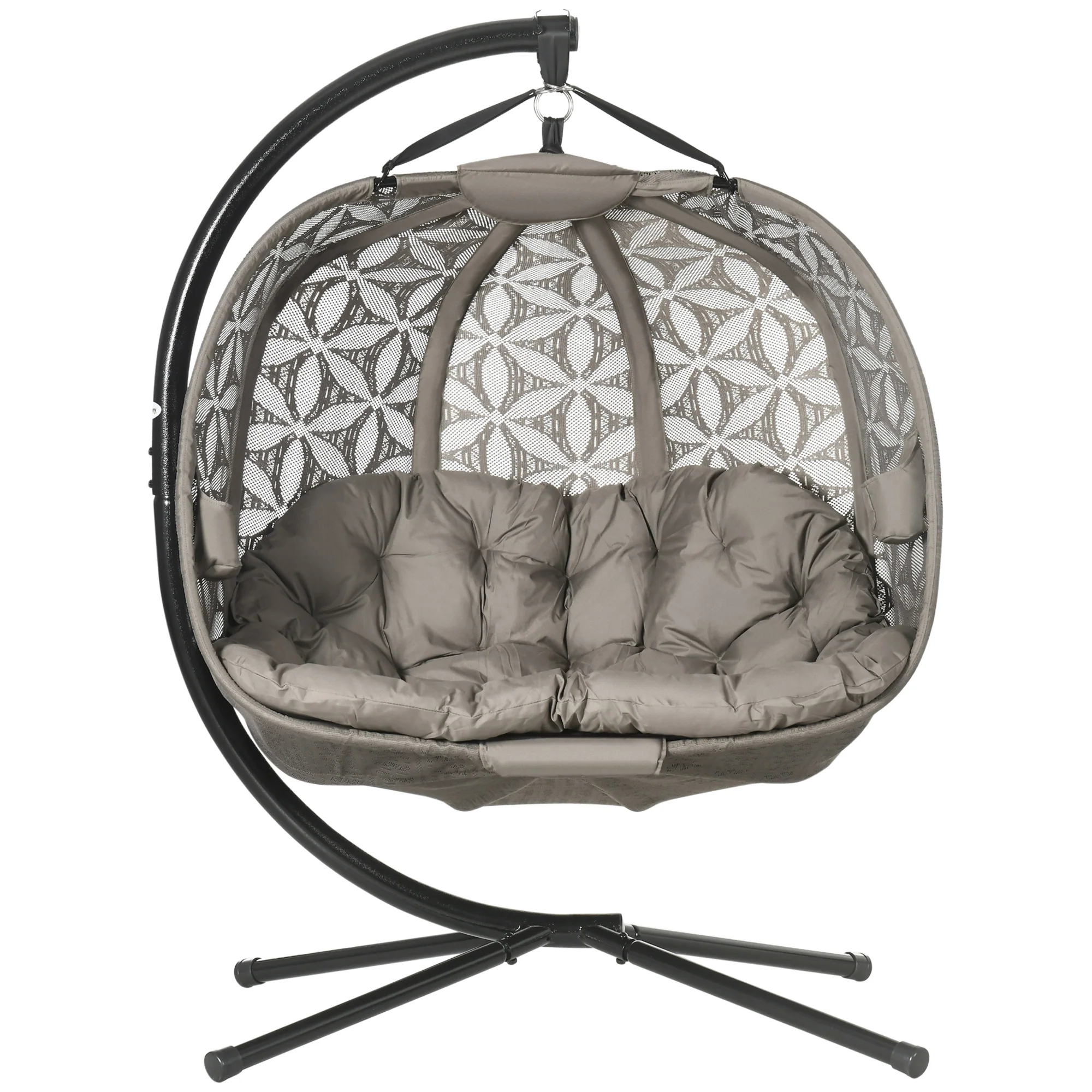 Outdoor Double Hanging Chair, Swing Chair with Metal Stand, Thick Padded Cushion, Foldable Basket and Cup Holders, for Indoor and Outdoor, Sand Brown - Image 2