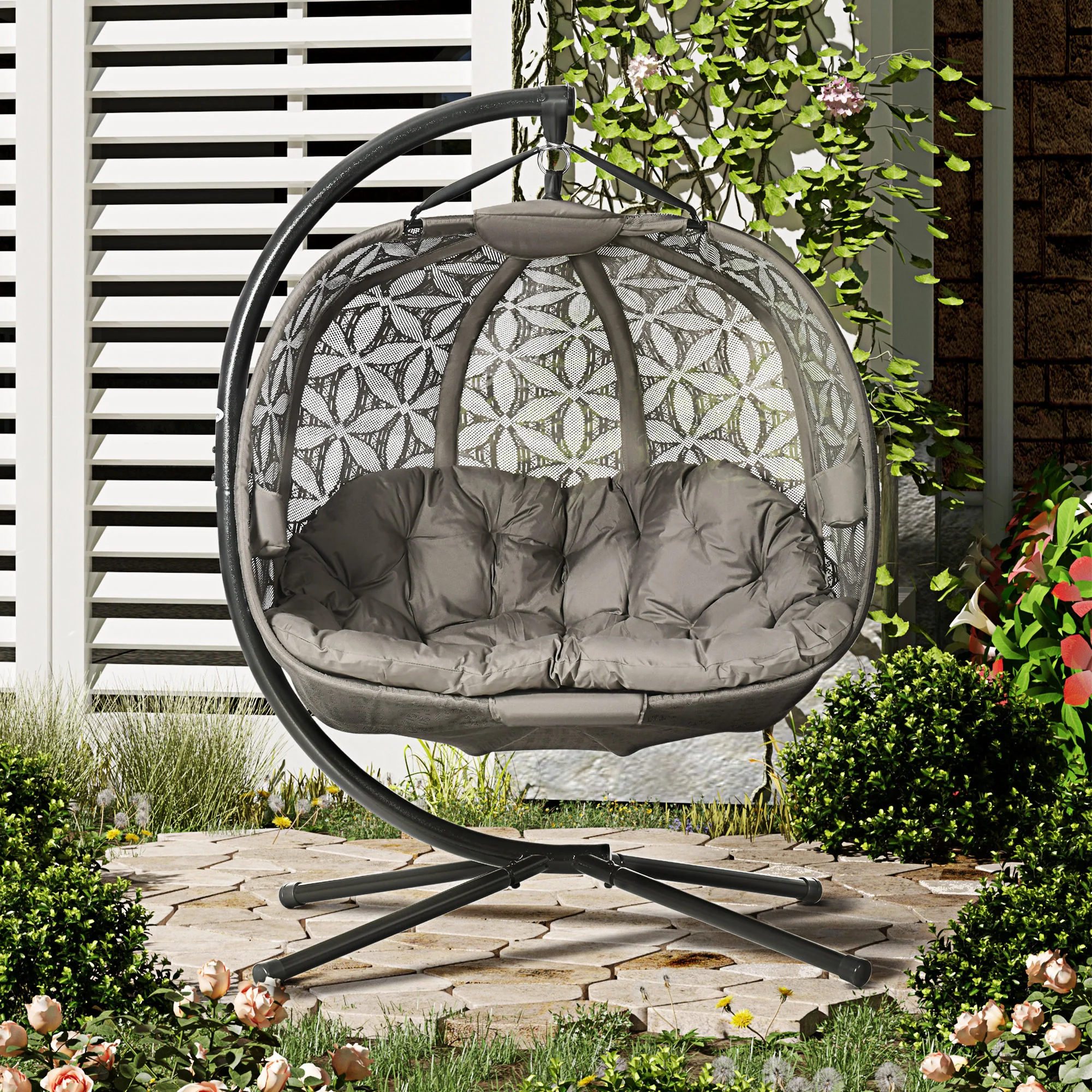 Outdoor Double Hanging Chair, Swing Chair with Metal Stand, Thick Padded Cushion, Foldable Basket and Cup Holders, for Indoor and Outdoor, Sand Brown - Image 3