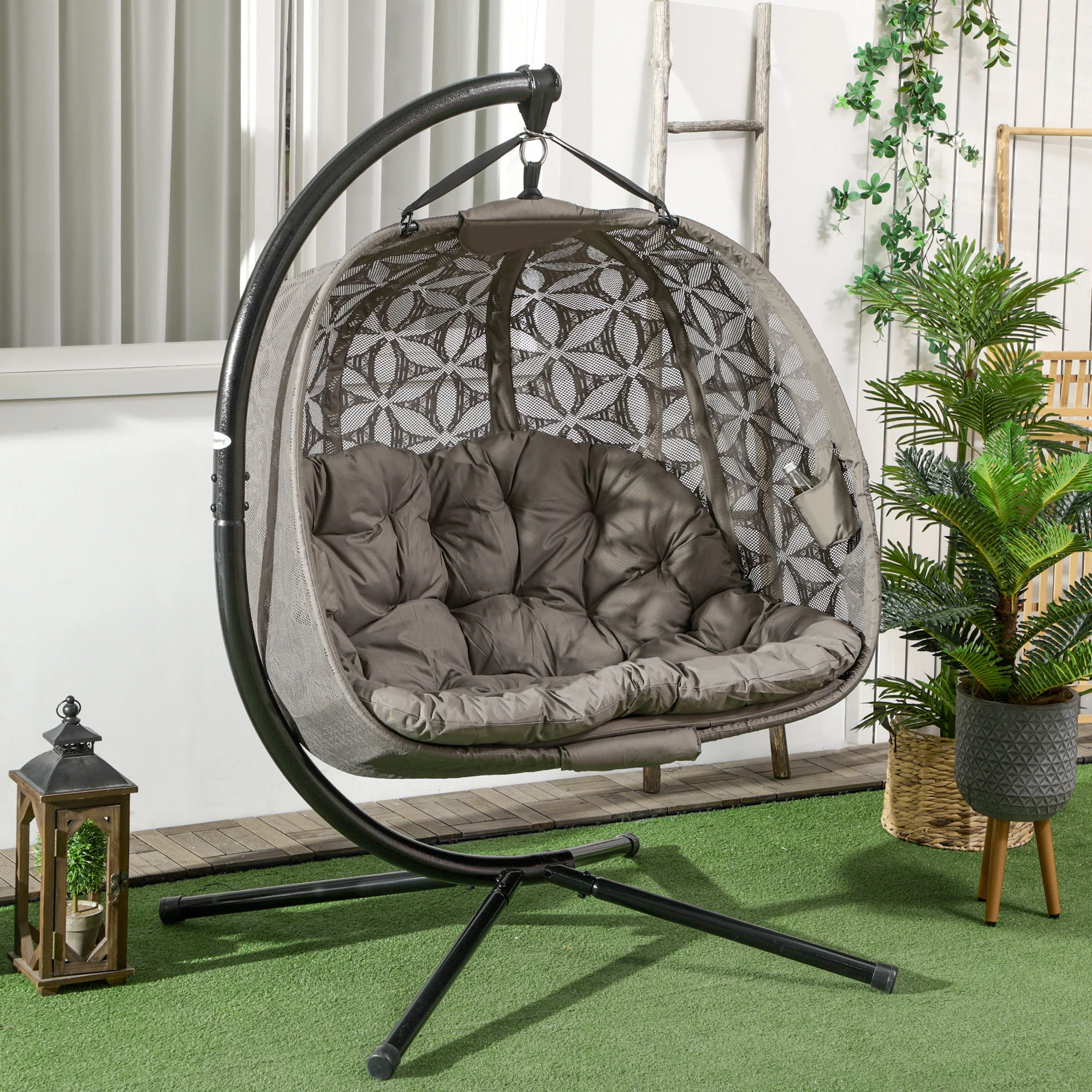 Outdoor Double Hanging Chair, Swing Chair with Metal Stand, Thick Padded Cushion, Foldable Basket and Cup Holders, for Indoor and Outdoor, Sand Brown - Image 4