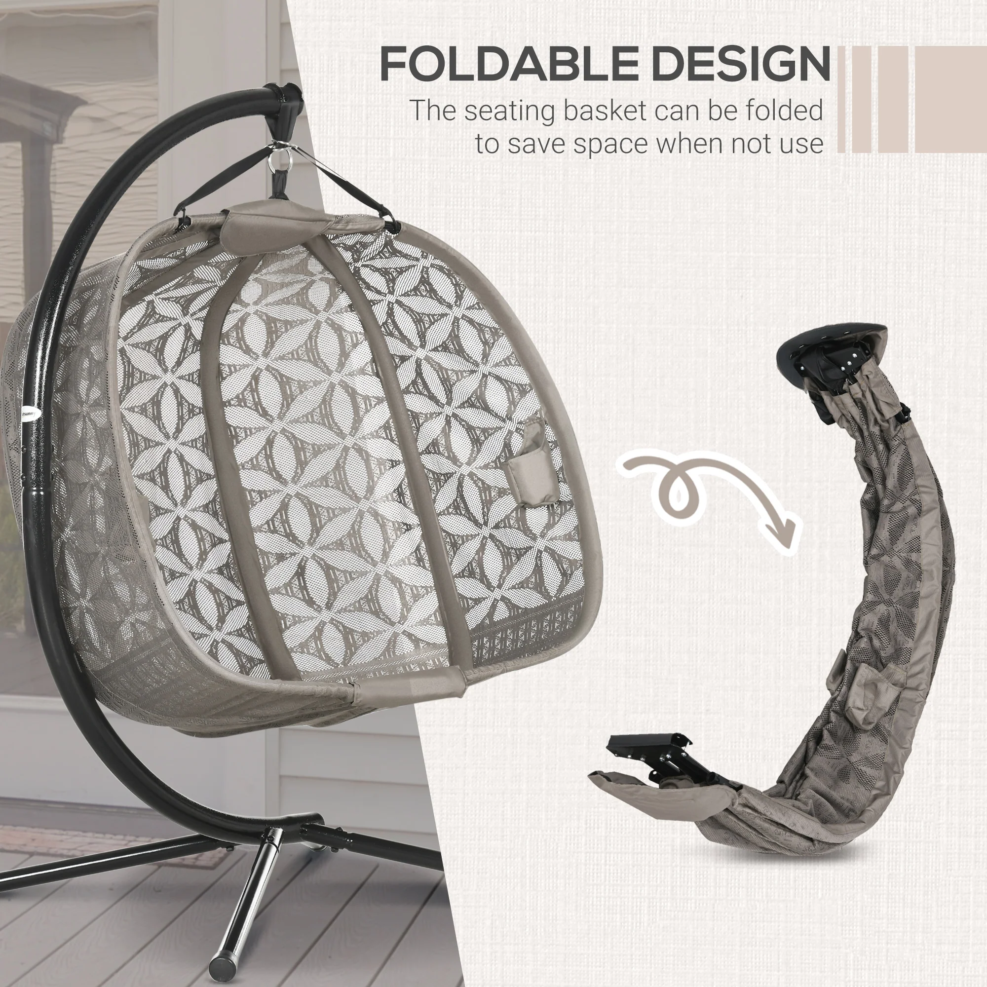 Outdoor Double Hanging Chair, Swing Chair with Metal Stand, Thick Padded Cushion, Foldable Basket and Cup Holders, for Indoor and Outdoor, Sand Brown - Image 7