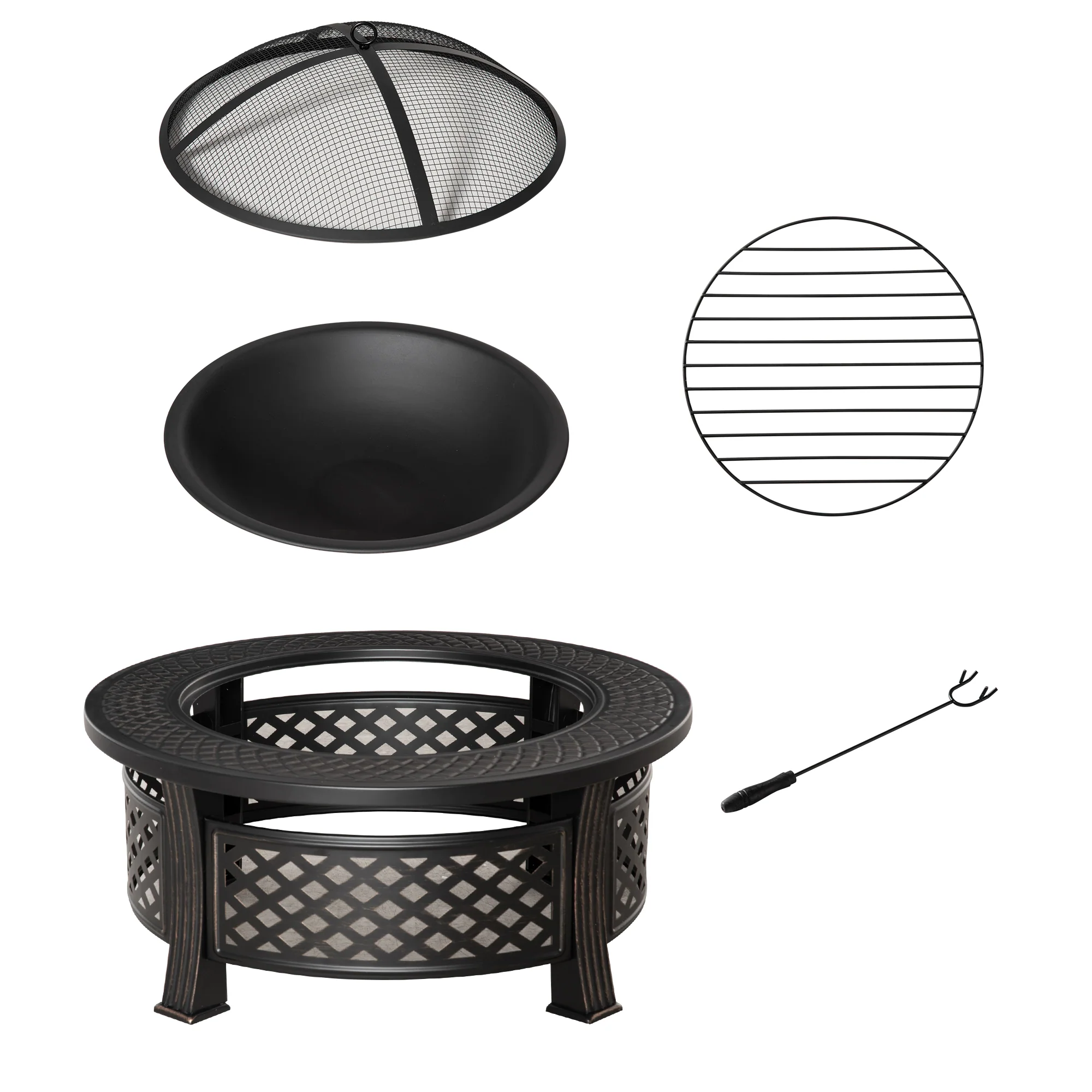 Outdoor Fire Pit, Round Firepit with Grill Net, Mesh Lid & Poker for Backyard, Bronze - Image 12