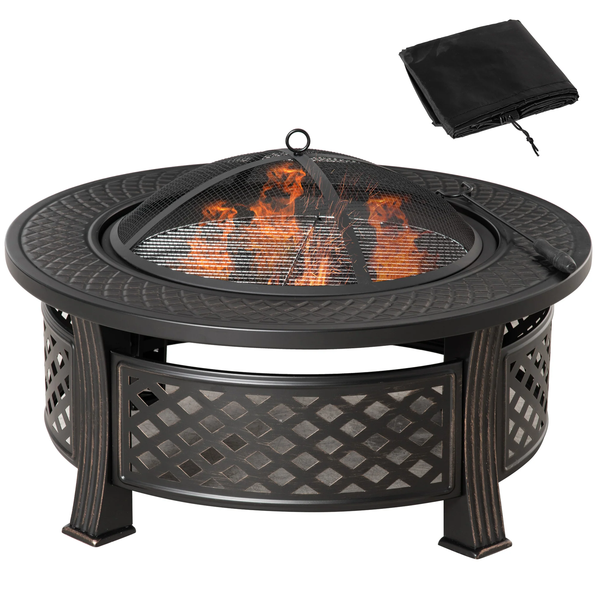 Outdoor Fire Pit, Round Firepit with Grill Net, Mesh Lid & Poker for Backyard, Bronze - Image 2