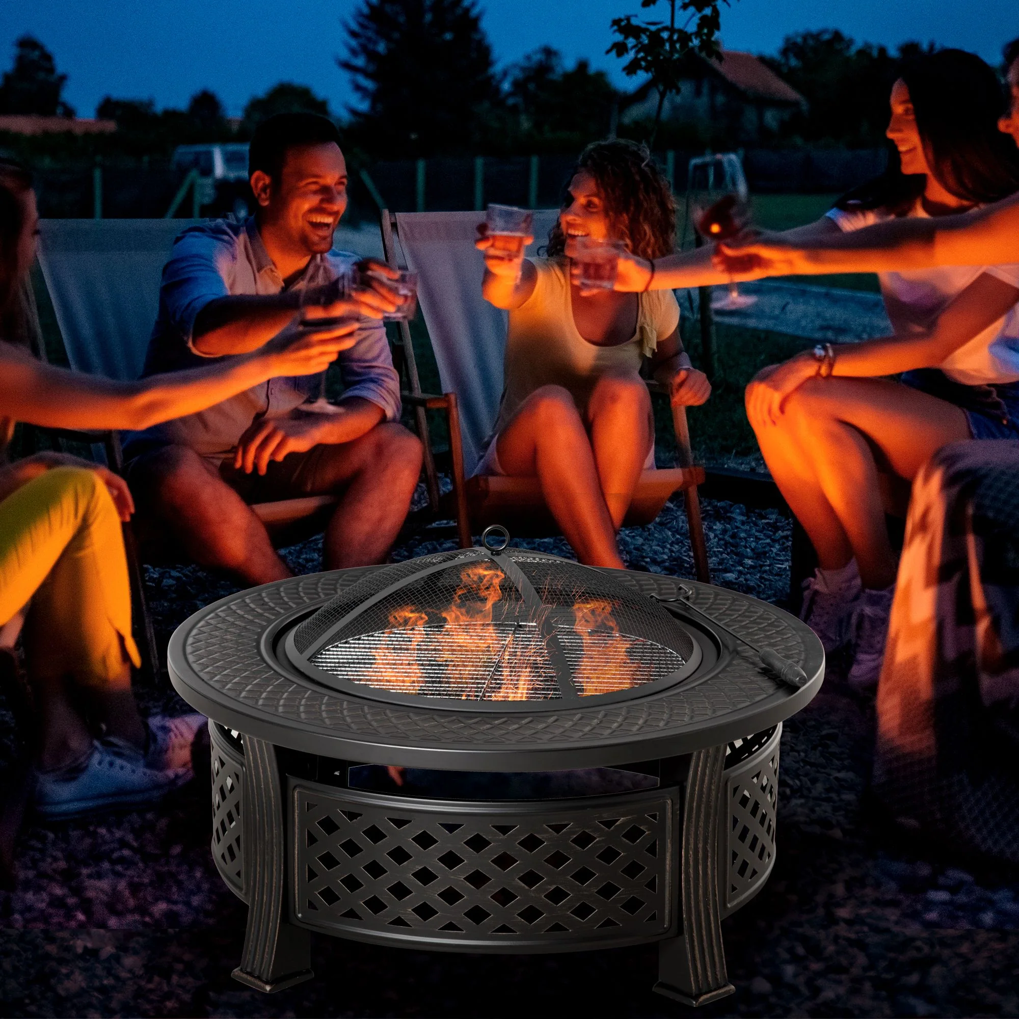 Outdoor Fire Pit, Round Firepit with Grill Net, Mesh Lid & Poker for Backyard, Bronze - Image 3
