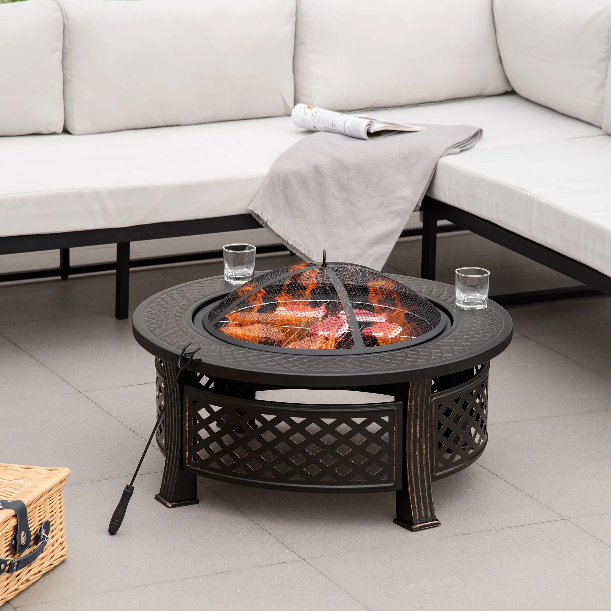 Outdoor Fire Pit, Round Firepit with Grill Net, Mesh Lid & Poker for Backyard, Bronze - Image 4