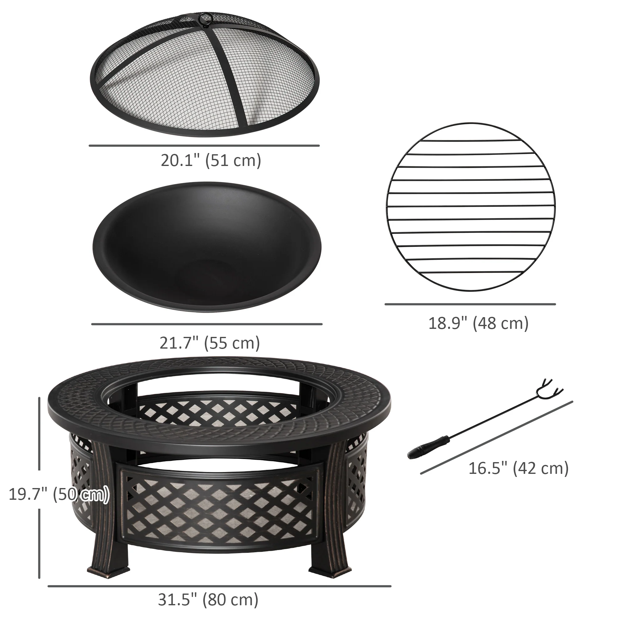 Outdoor Fire Pit, Round Firepit with Grill Net, Mesh Lid & Poker for Backyard, Bronze - Image 5