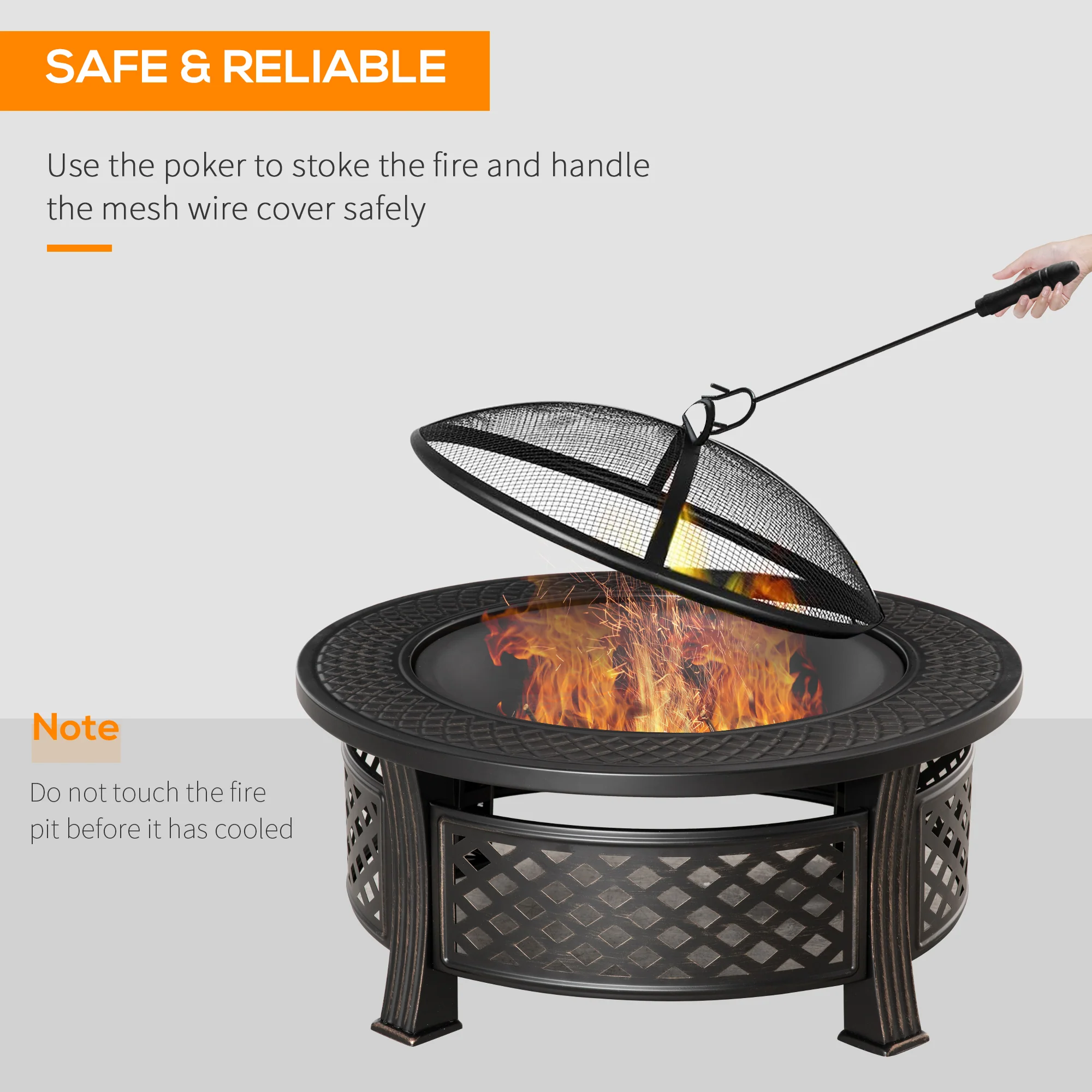 Outdoor Fire Pit, Round Firepit with Grill Net, Mesh Lid & Poker for Backyard, Bronze - Image 6
