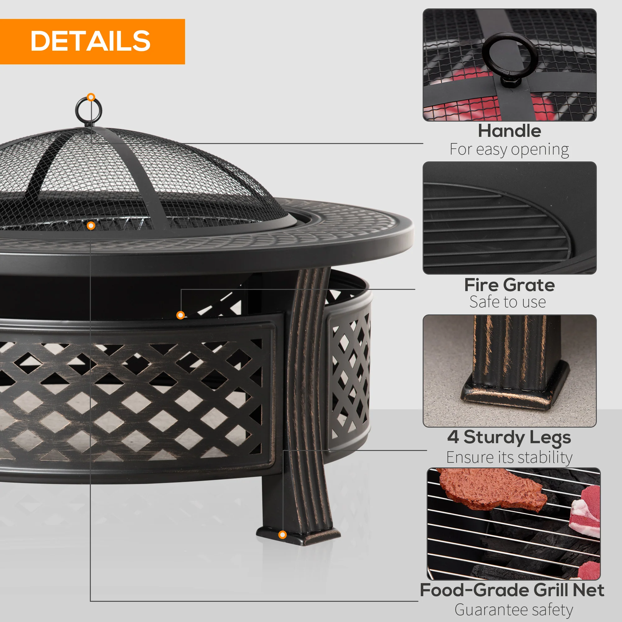 Outdoor Fire Pit, Round Firepit with Grill Net, Mesh Lid & Poker for Backyard, Bronze - Image 7