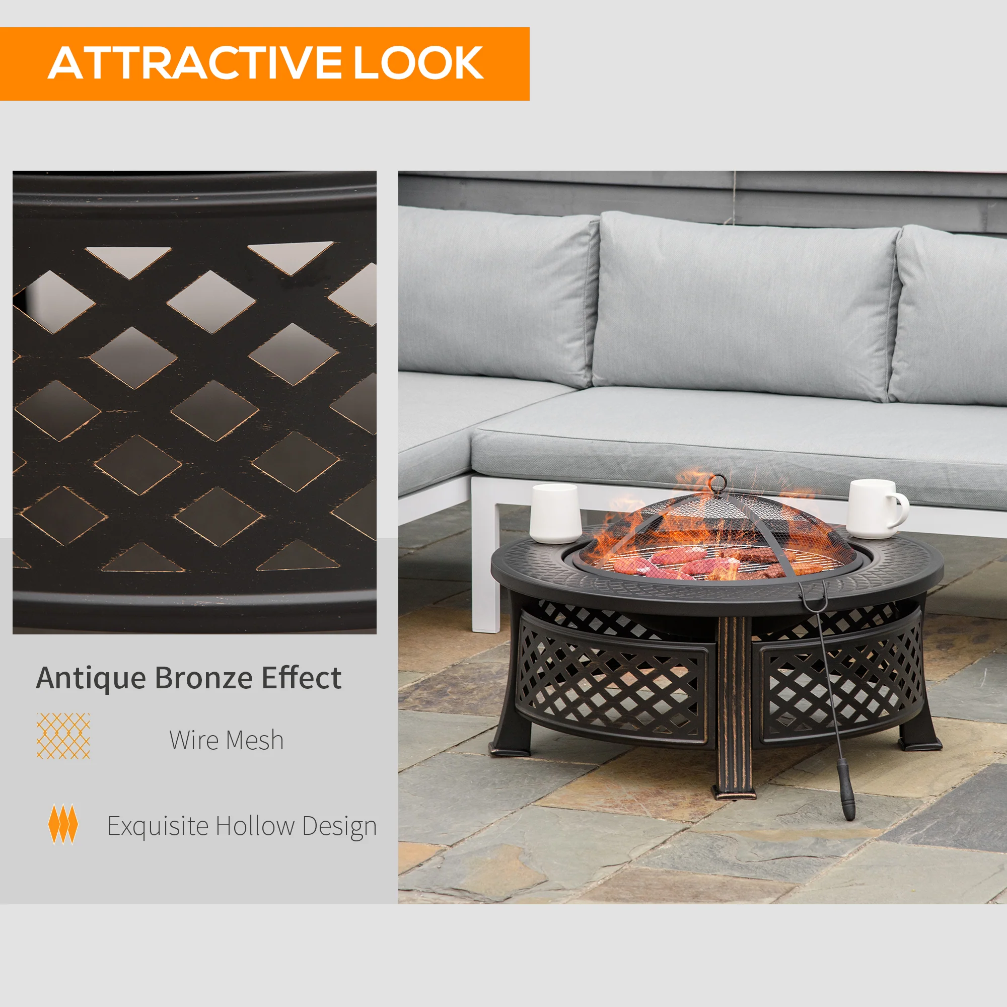 Outdoor Fire Pit, Round Firepit with Grill Net, Mesh Lid & Poker for Backyard, Bronze - Image 8