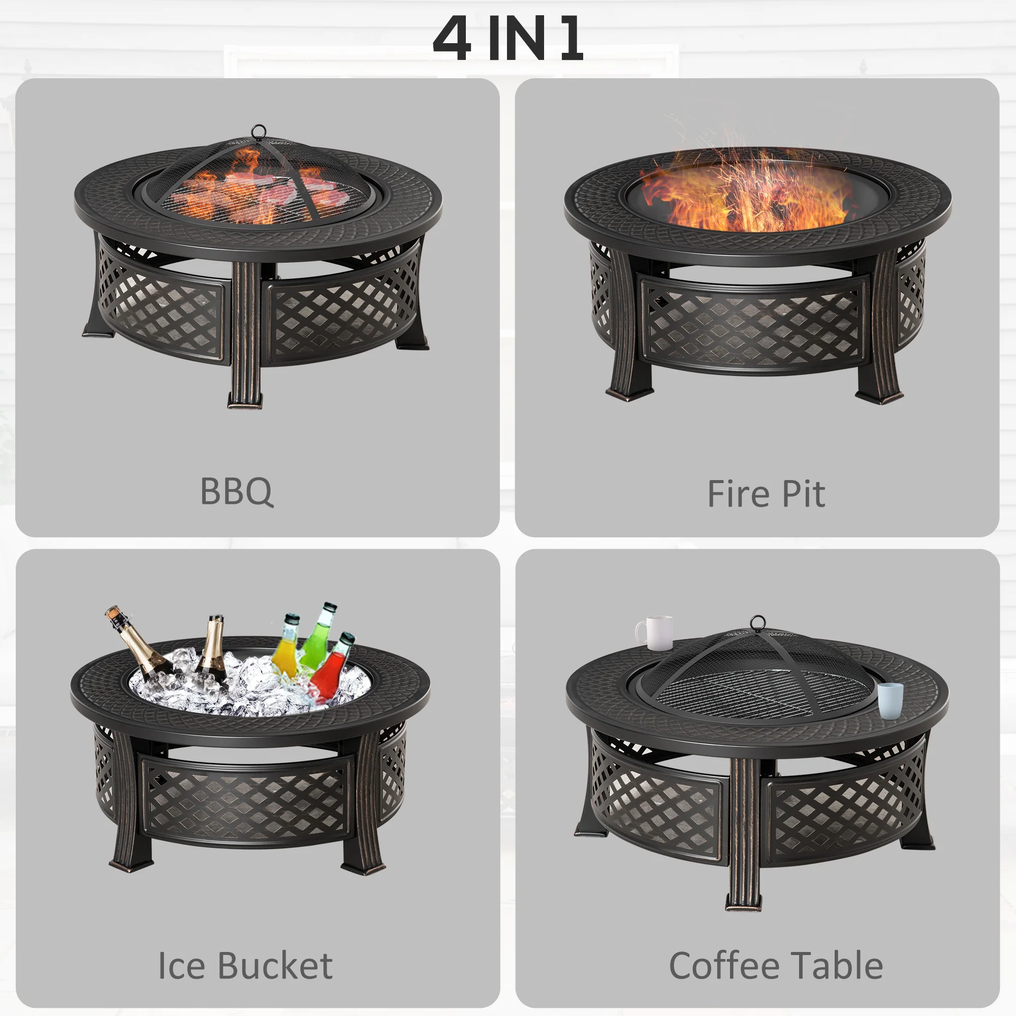Outdoor Fire Pit, Round Firepit with Grill Net, Mesh Lid & Poker for Backyard, Bronze - Image 9