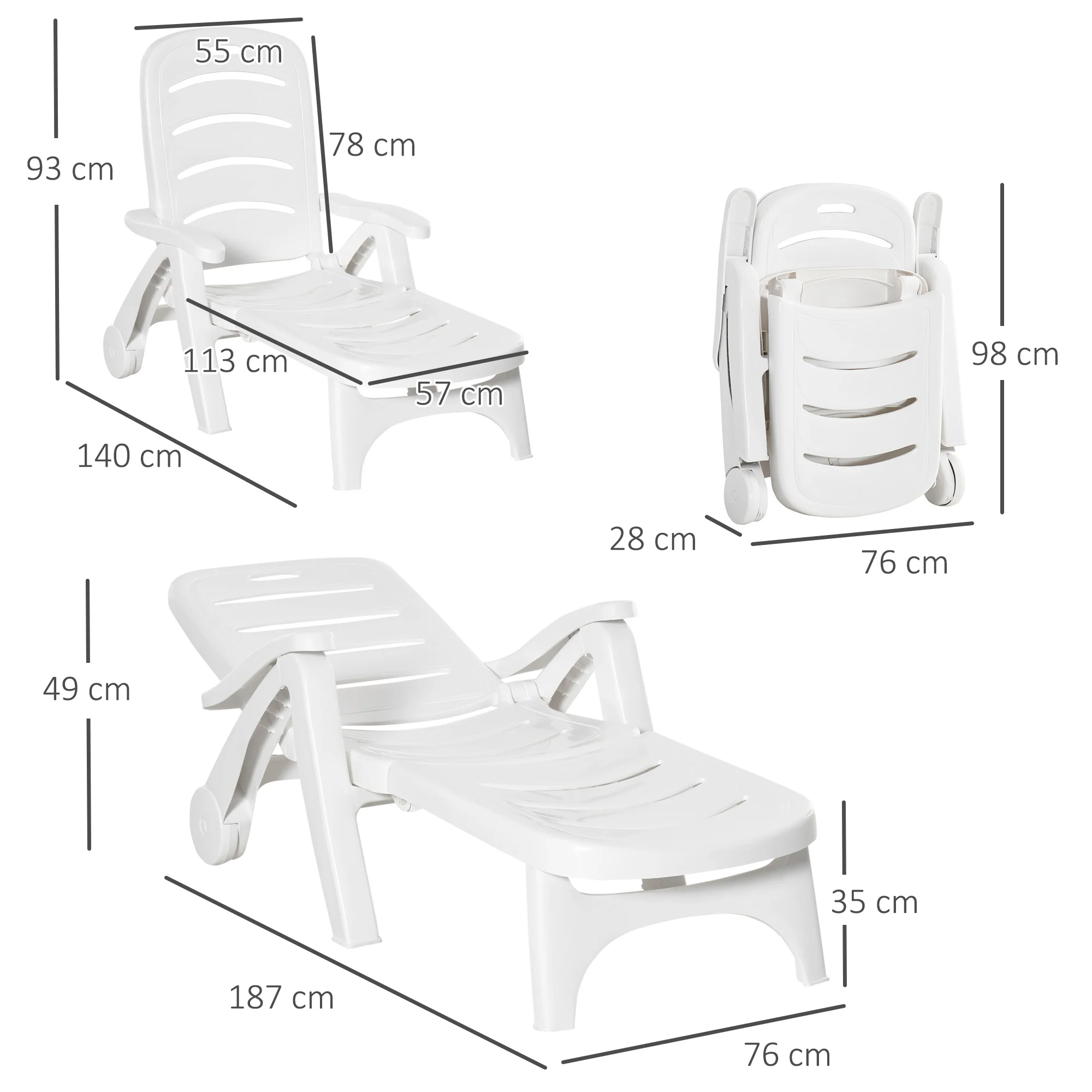 2 Piece Folding Plastic Sun Lounger Set with Recliner & 5-Position Backrest, White - Image 5