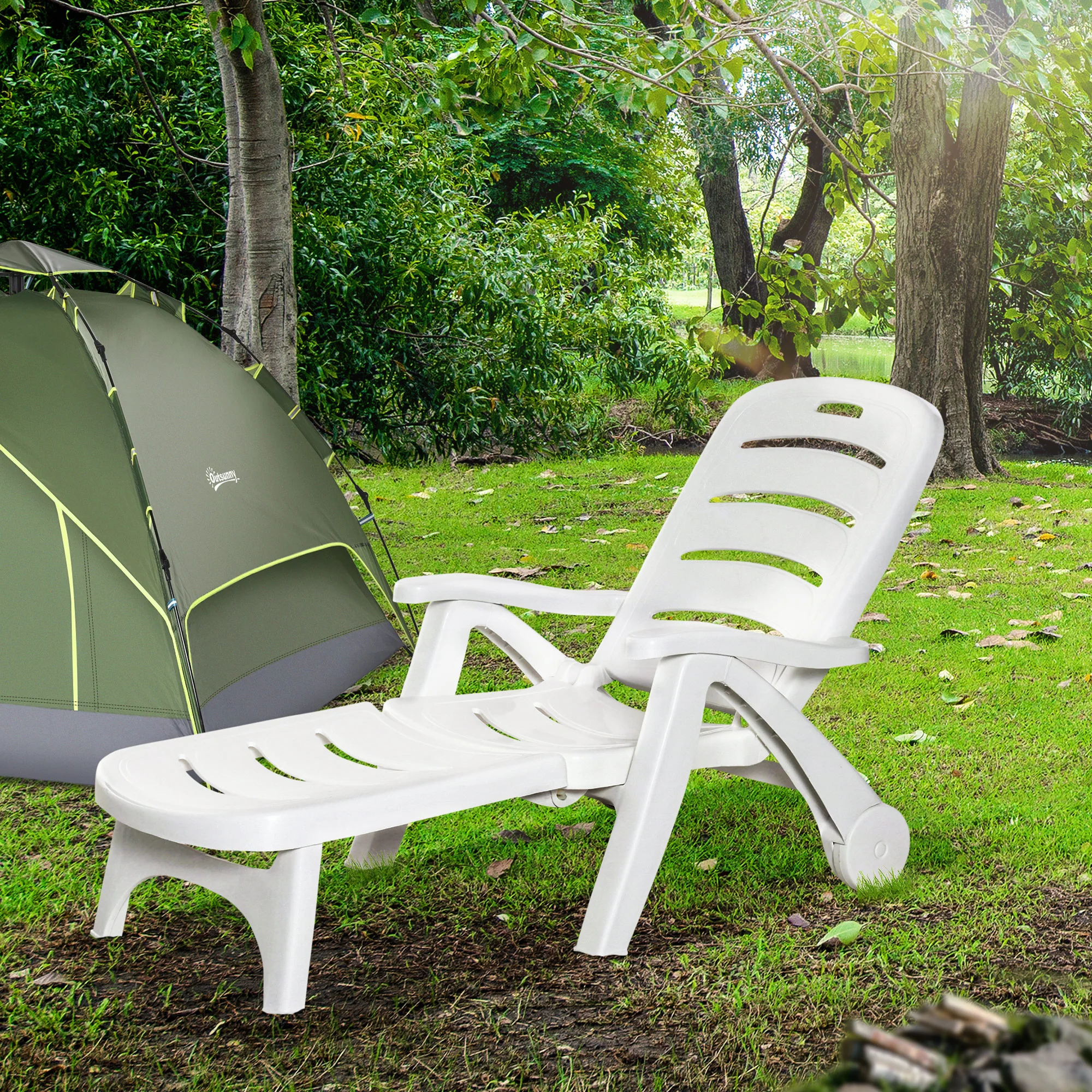 2 Piece Folding Plastic Sun Lounger Set with Recliner & 5-Position Backrest, White - Image 6