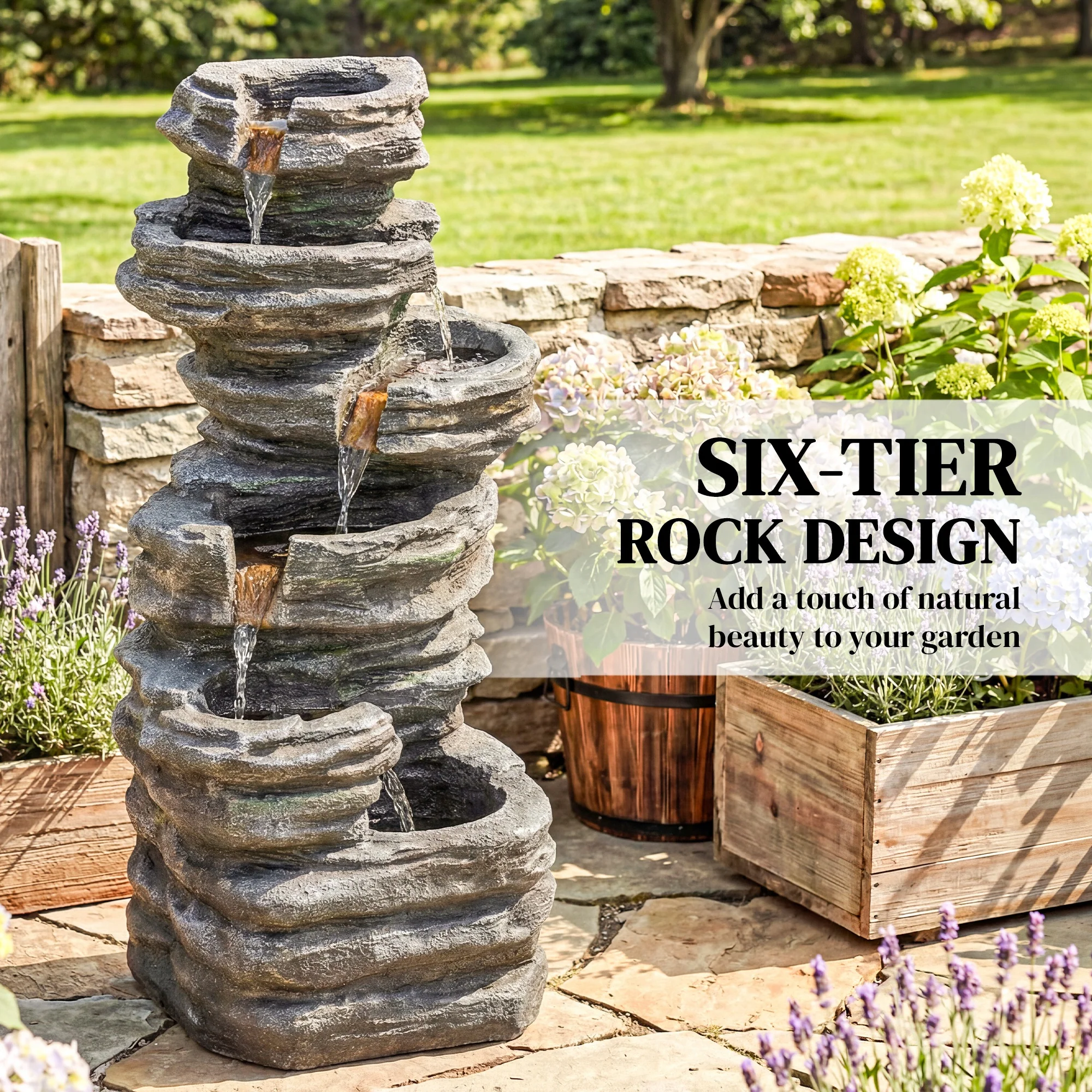 6-Tier Resin Rock Garden Fountain with Cascading Waterfall and LED Lights, Grey - Image 6