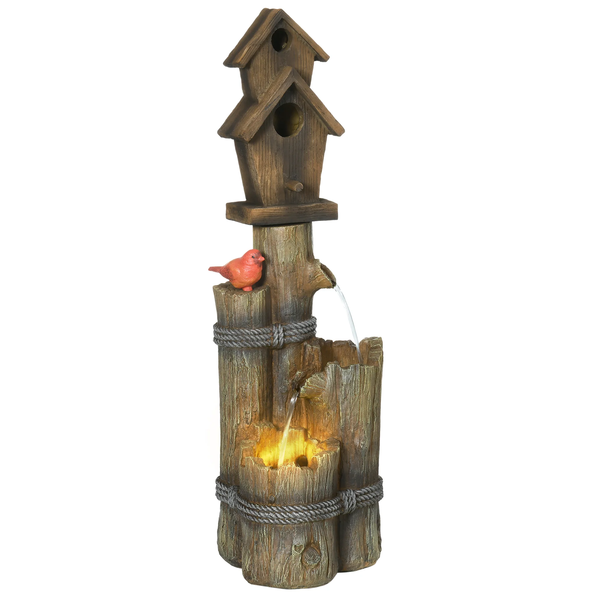 Garden Waterfall Bird Bath Fountain with 3-Tier Rustic Tree Trunk, LED Lights, Brown - Image 12