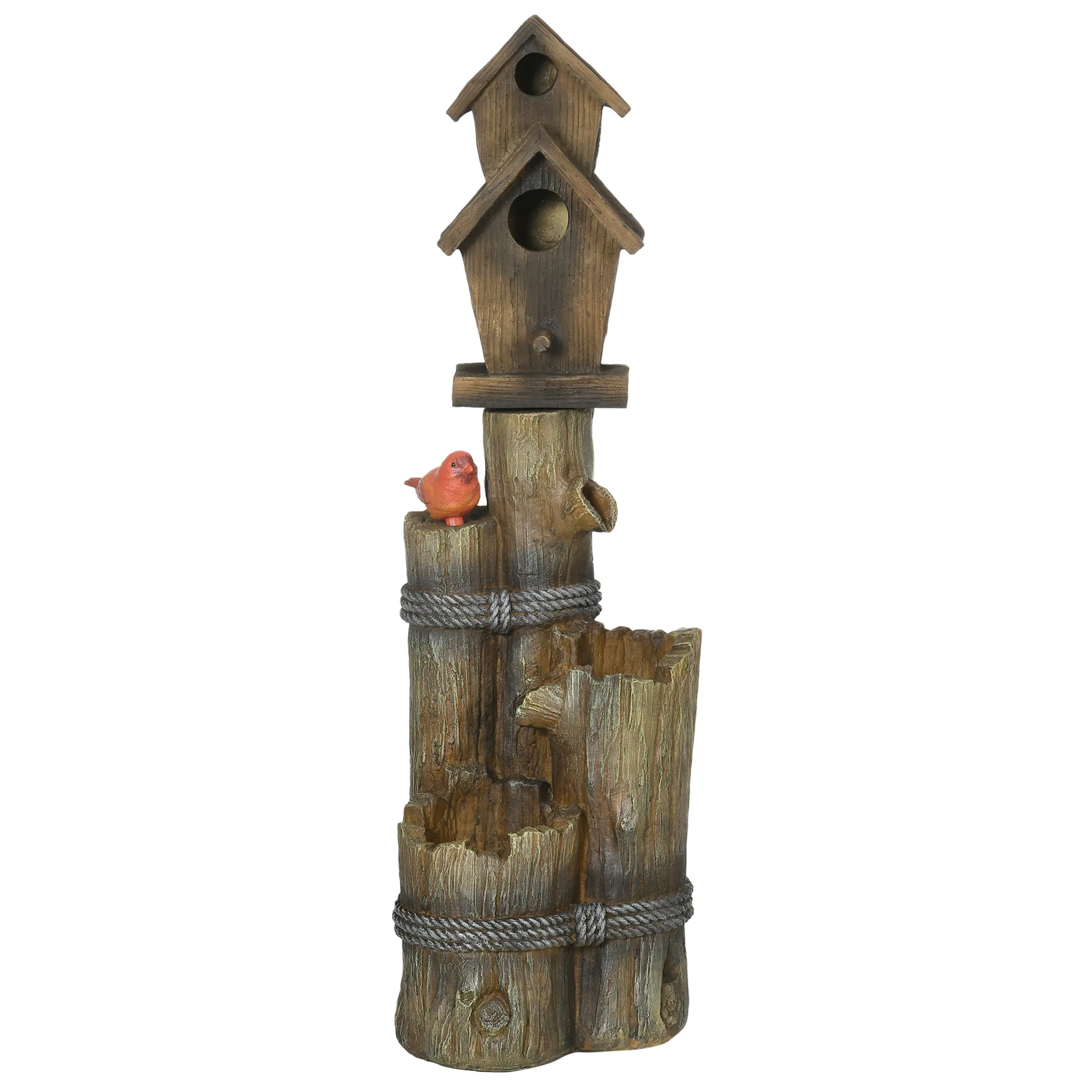 Garden Waterfall Bird Bath Fountain with 3-Tier Rustic Tree Trunk, LED Lights, Brown - Image 2