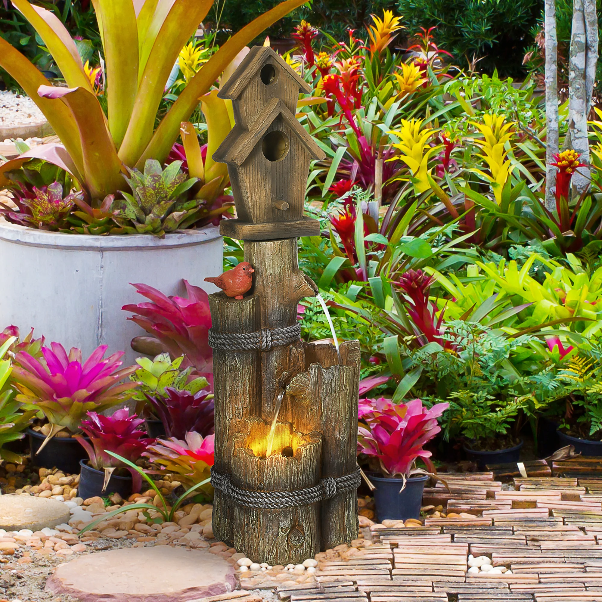 Garden Waterfall Bird Bath Fountain with 3-Tier Rustic Tree Trunk, LED Lights, Brown - Image 3
