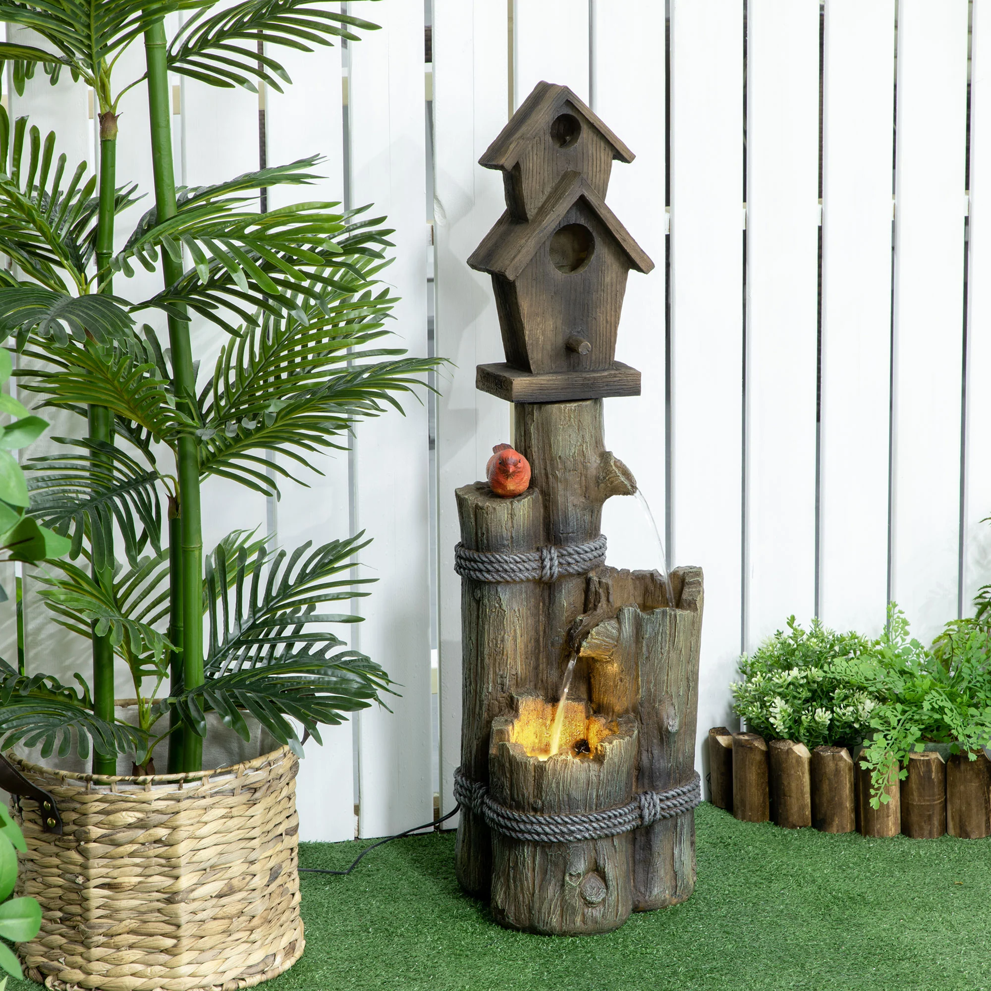 Garden Waterfall Bird Bath Fountain with 3-Tier Rustic Tree Trunk, LED Lights, Brown - Image 4
