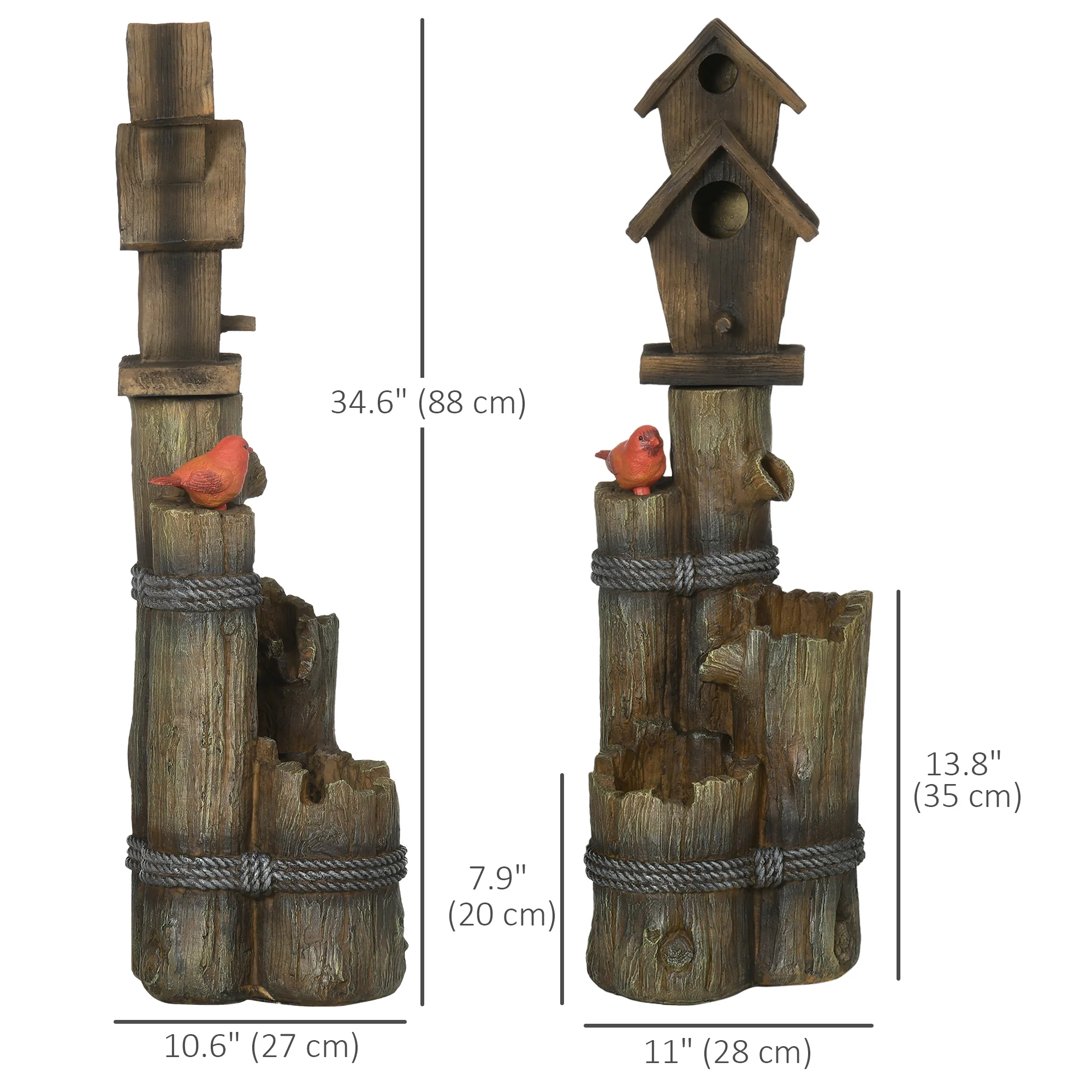 Garden Waterfall Bird Bath Fountain with 3-Tier Rustic Tree Trunk, LED Lights, Brown - Image 5