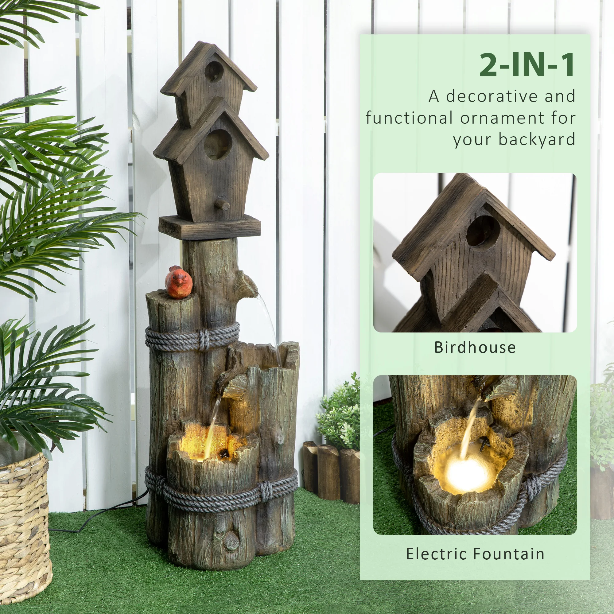 Garden Waterfall Bird Bath Fountain with 3-Tier Rustic Tree Trunk, LED Lights, Brown - Image 6