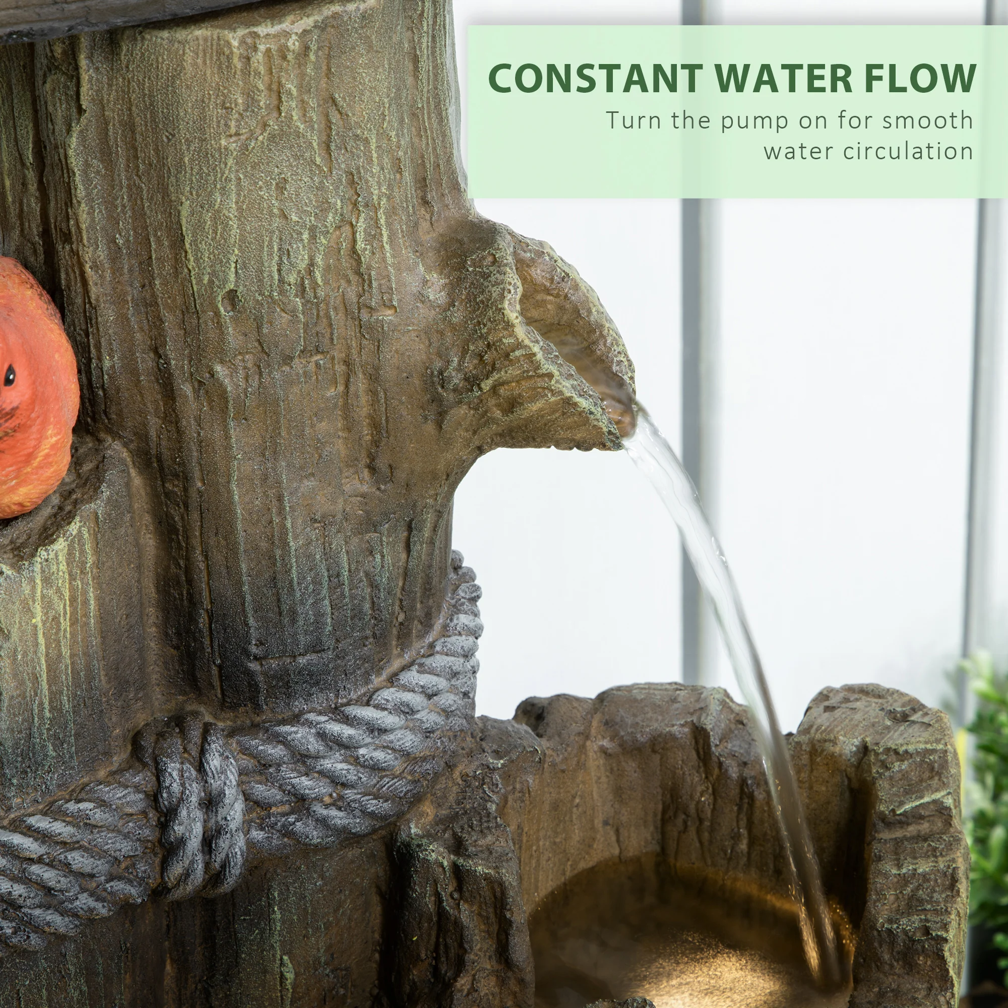 Garden Waterfall Bird Bath Fountain with 3-Tier Rustic Tree Trunk, LED Lights, Brown - Image 7