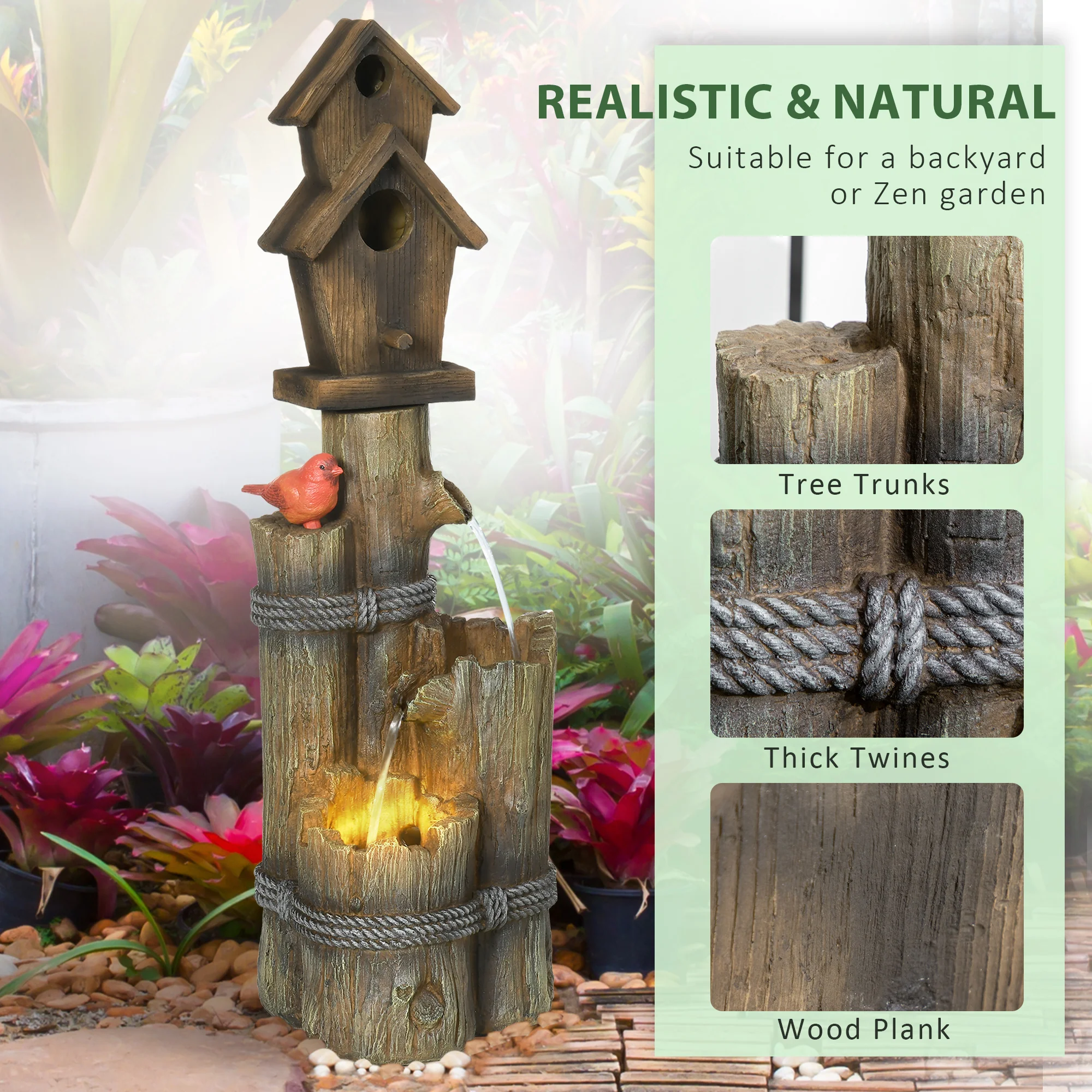 Garden Waterfall Bird Bath Fountain with 3-Tier Rustic Tree Trunk, LED Lights, Brown - Image 8