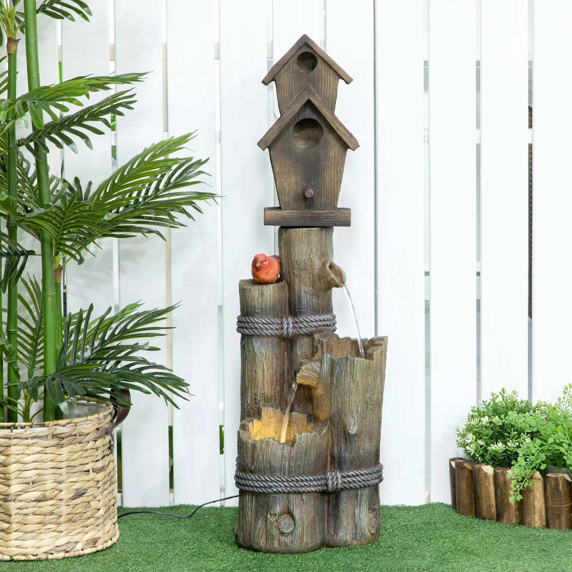 Garden Waterfall Bird Bath Fountain with 3-Tier Rustic Tree Trunk, LED Lights, Brown - Image 9