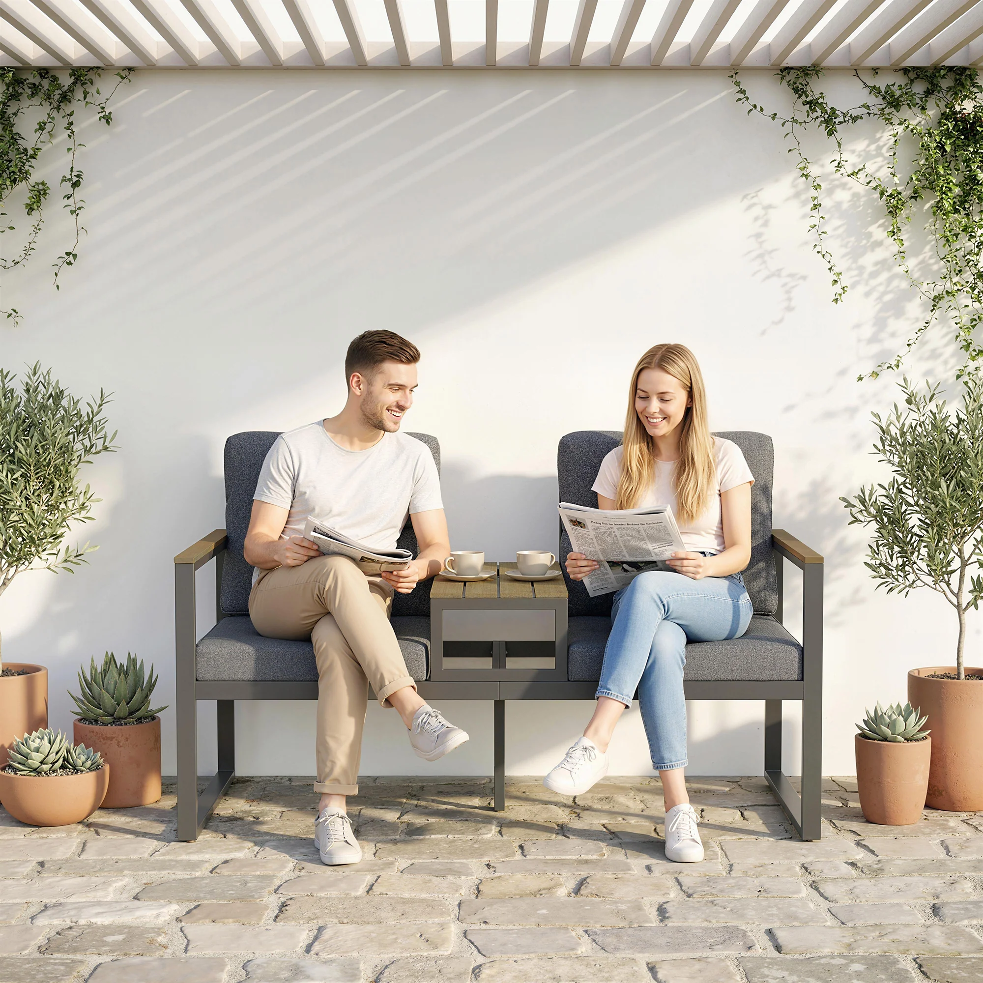2-Seat Outdoor Garden Bench with Center Table and Thick Cushions, Light Grey - Image 10